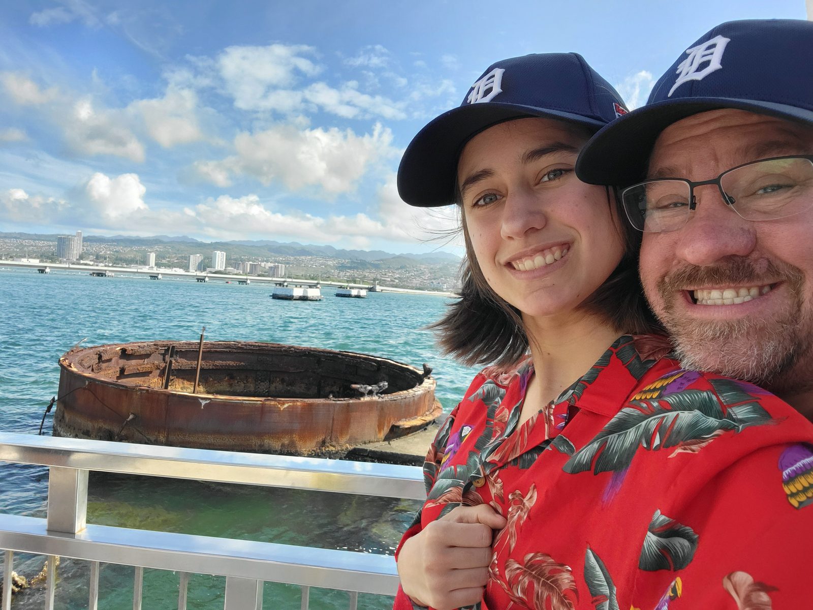 Lisa and I look down at the Arizona's gun turret