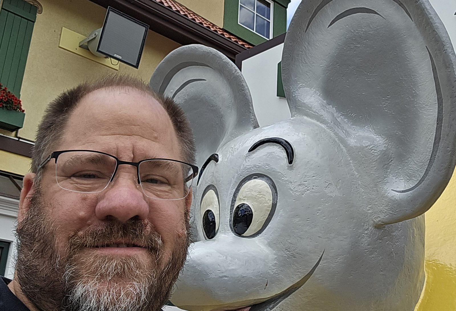 Beside the giant mouse at Cheese Haus