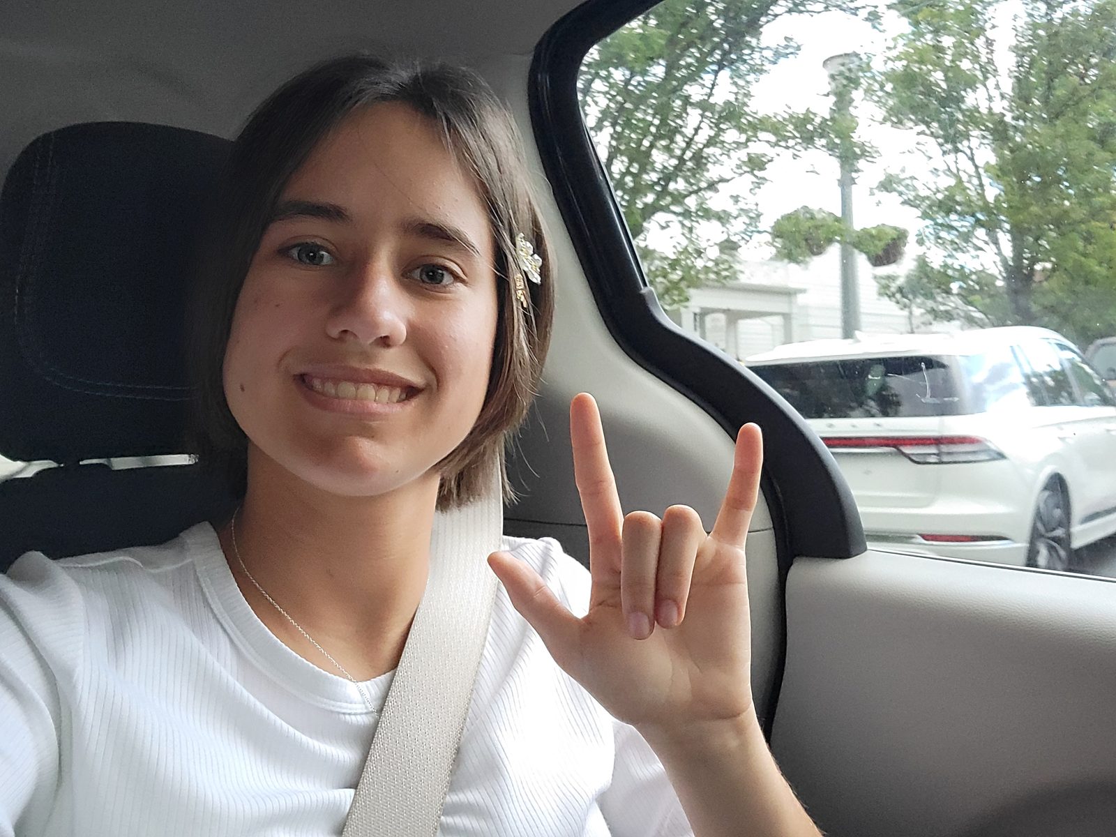Lisa signs I love you out the car window