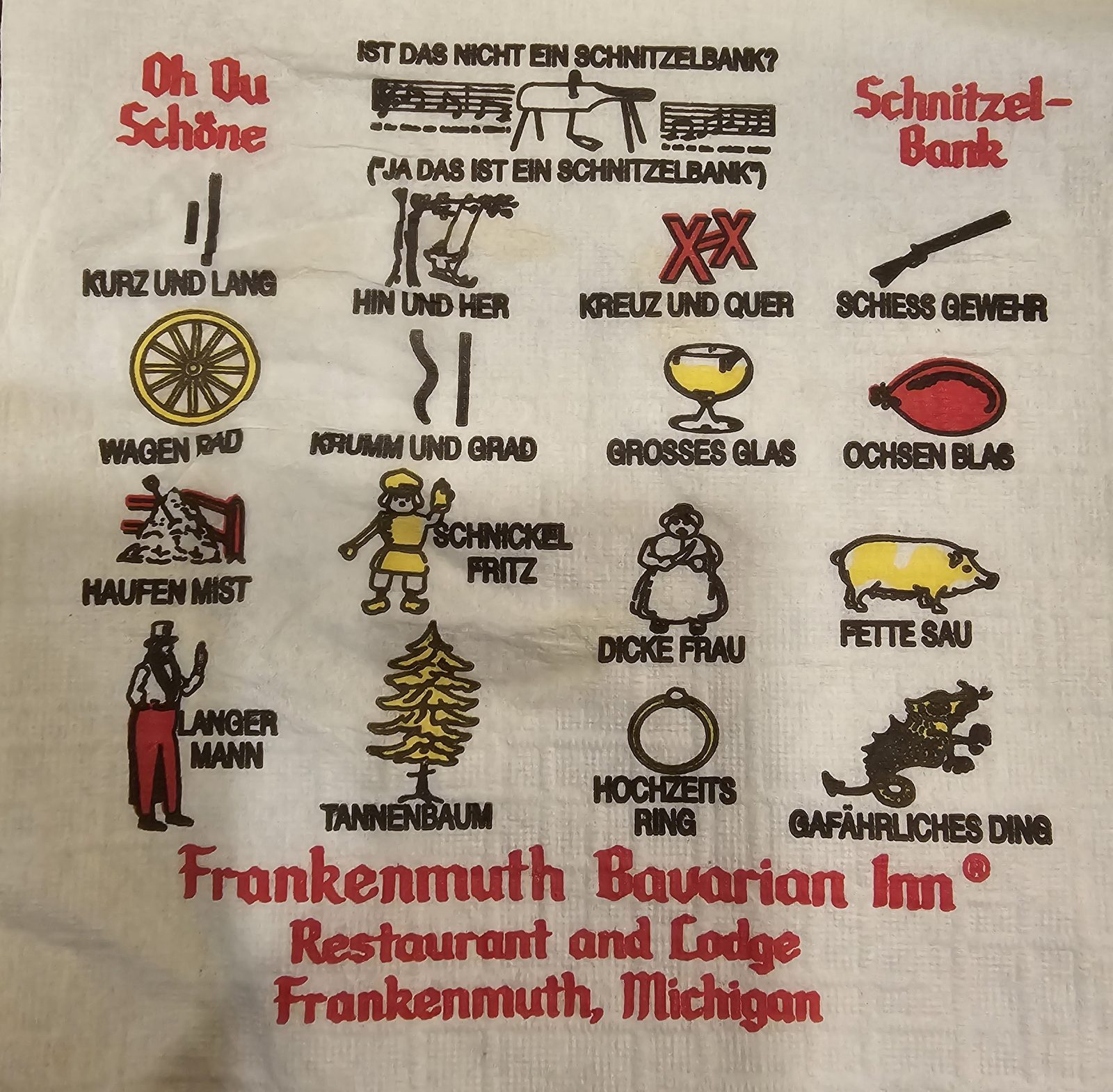 Frankenmuth Bavarian Inn placemat, the Schnitzelbank song