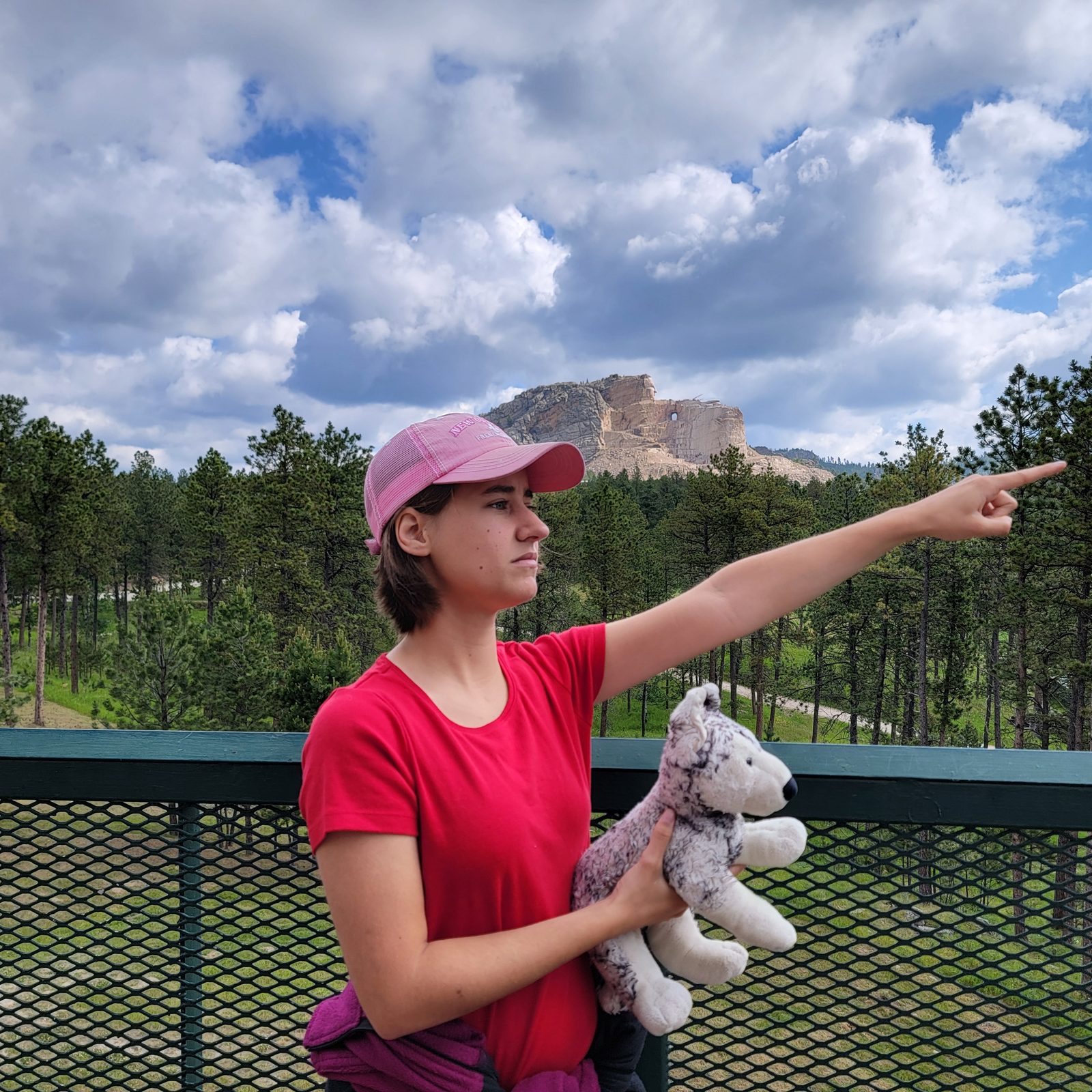 Lisa and Bob pointing out the carving at Crazy Horse
