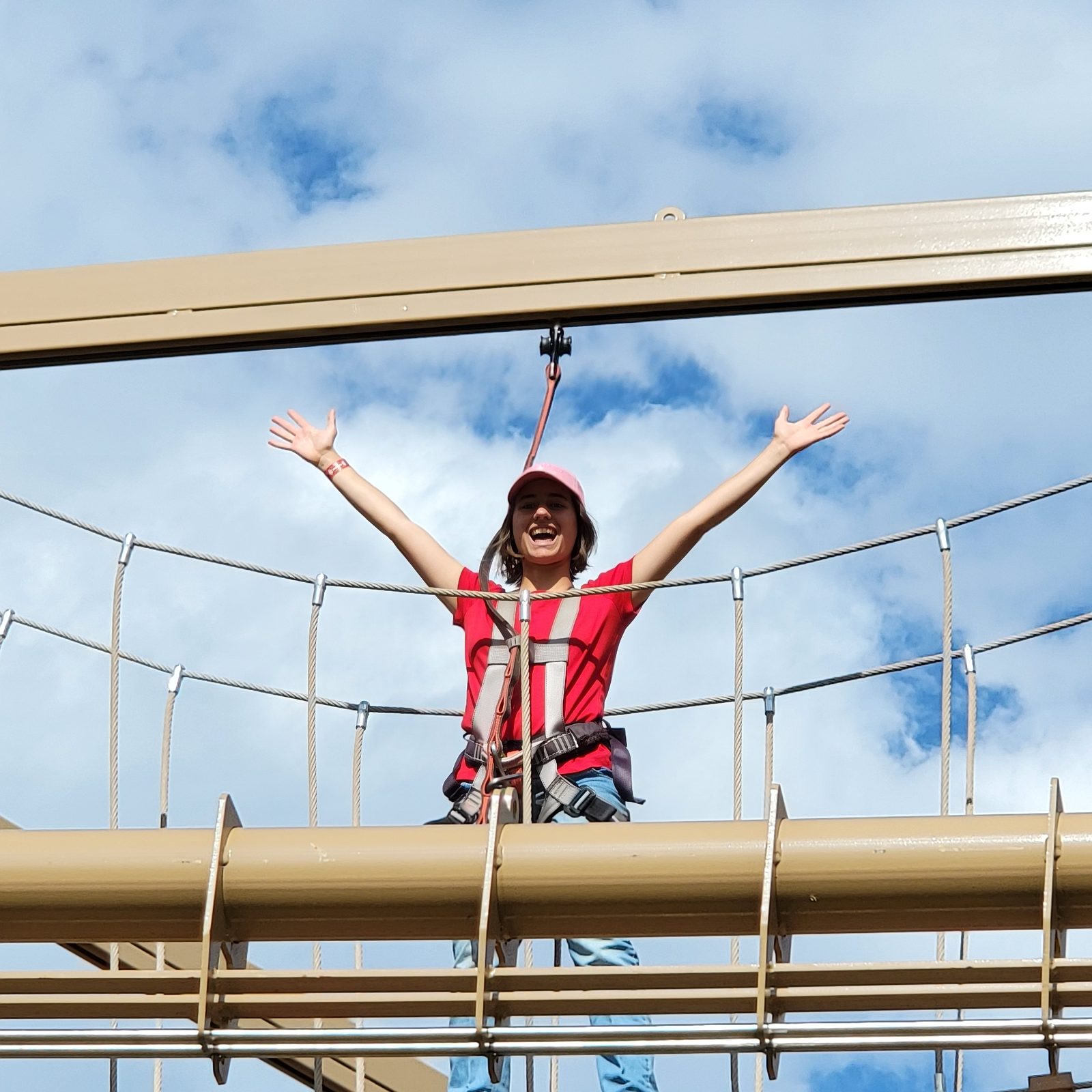 Lisa cheering high on the ropes course