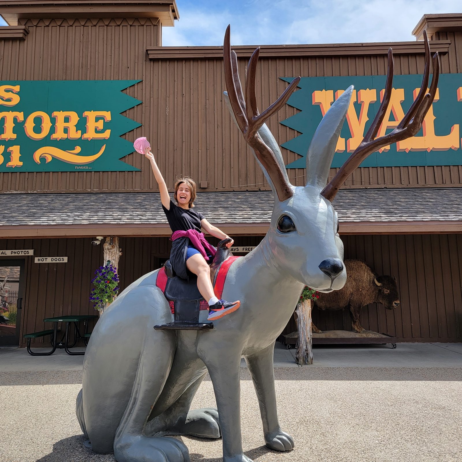 Lisa rides the giant jackalope