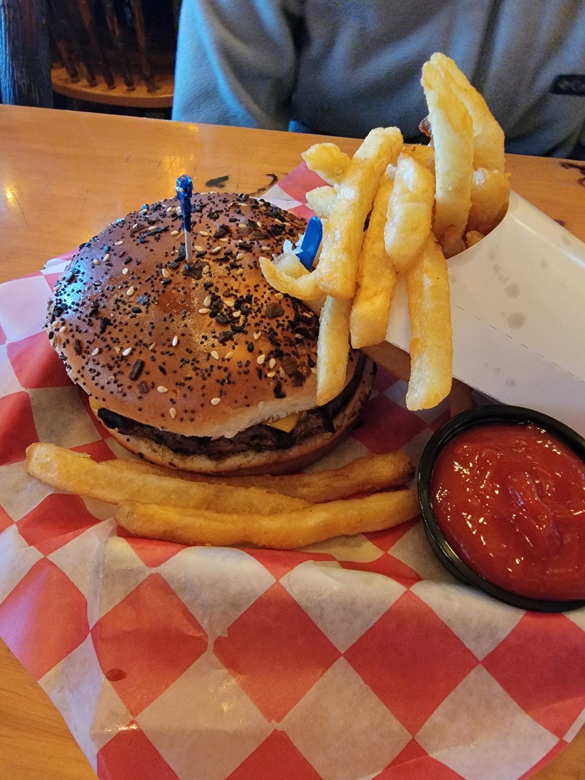 Our burger and fries for dinner