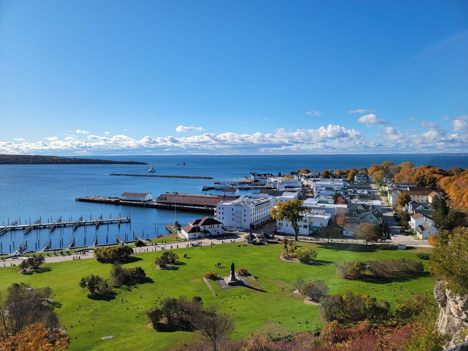 Fall colors above the harbor on Mackinac Island