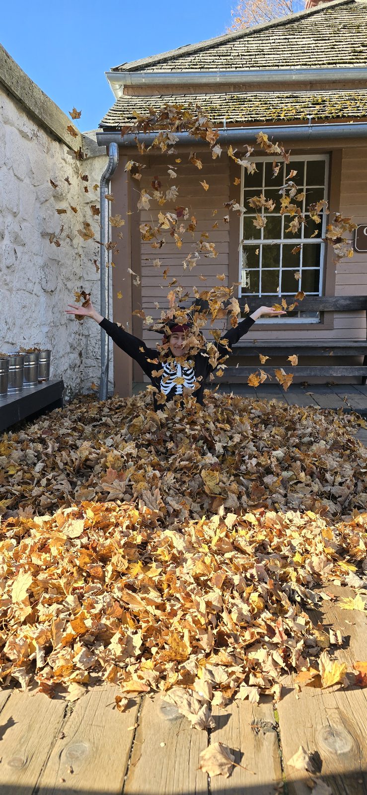 Lisa jumps into a pile of leaves