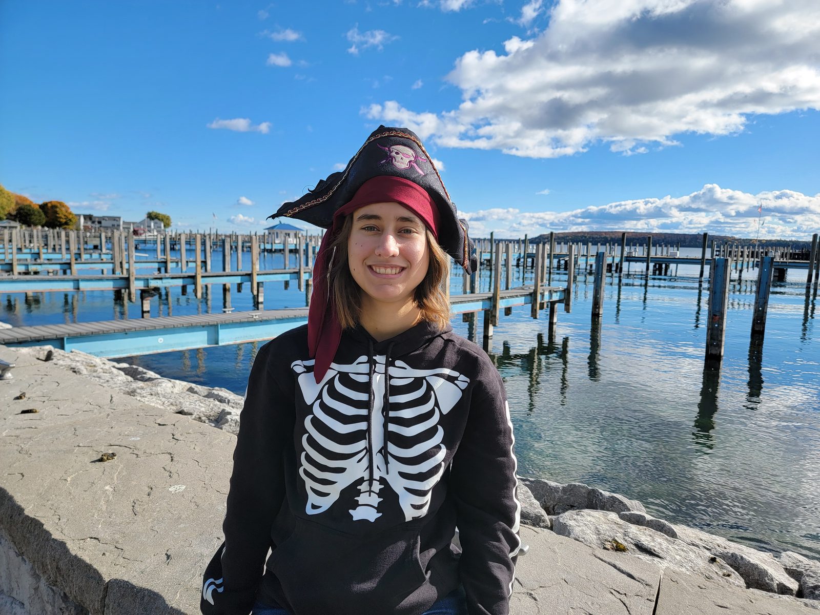 Lisa in her pirate hat at the Mackinac Island marina