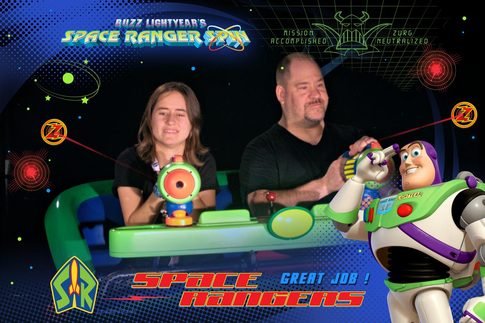 Lisa and me battling Zurg on Buzz Lightyear