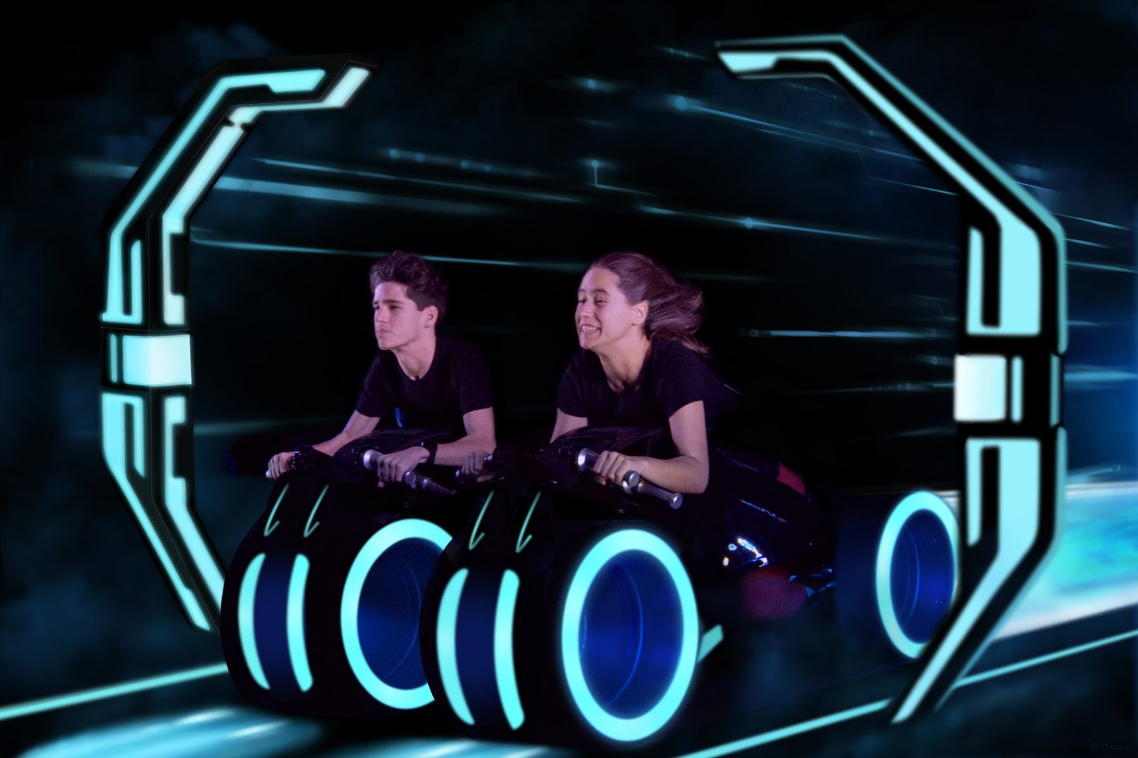 Lisa flying through Tron Lightcycle Run