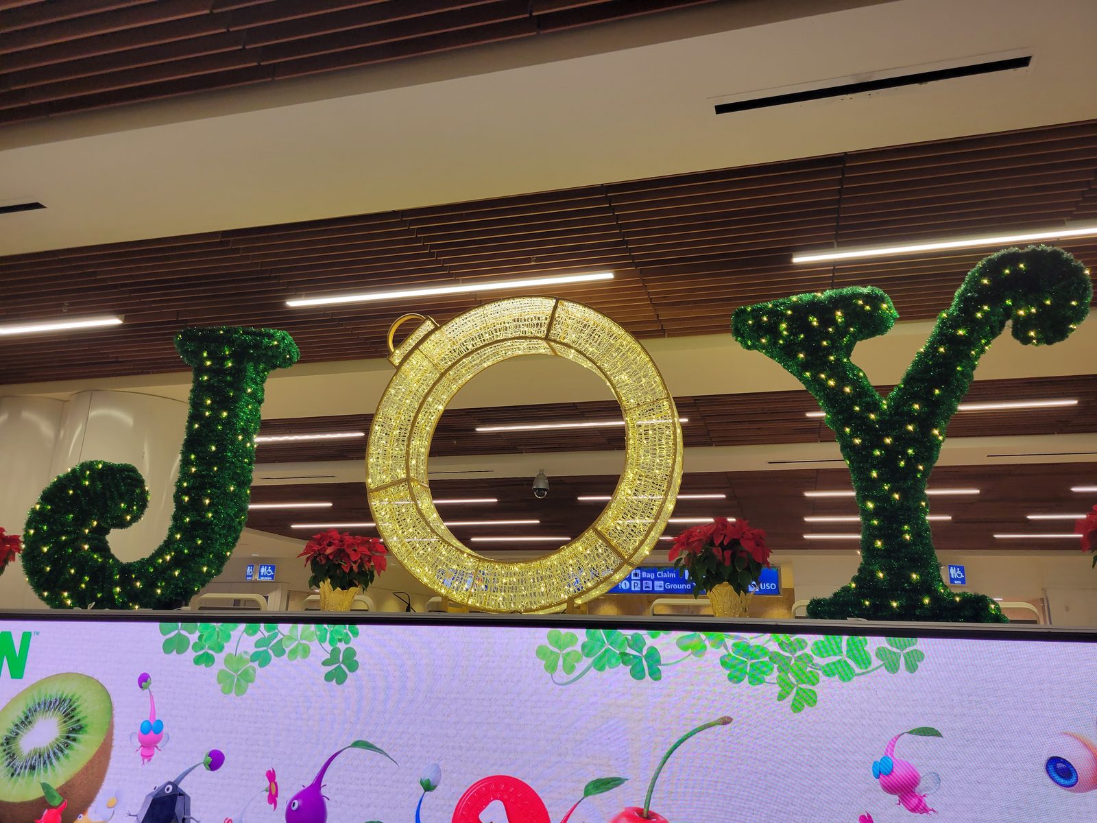 A JOY sign lit up for the season