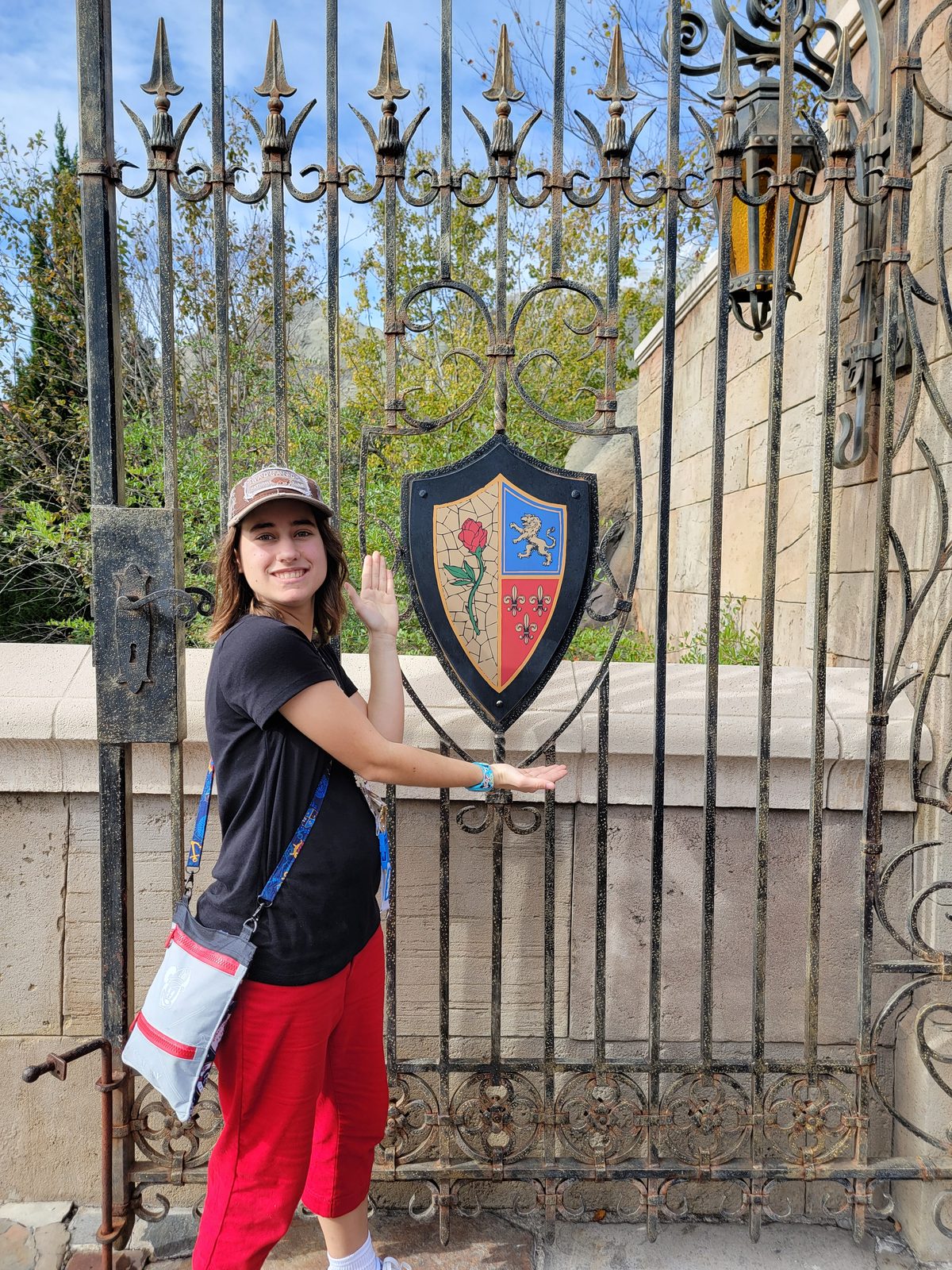 Lisa by the crest on the castle gate