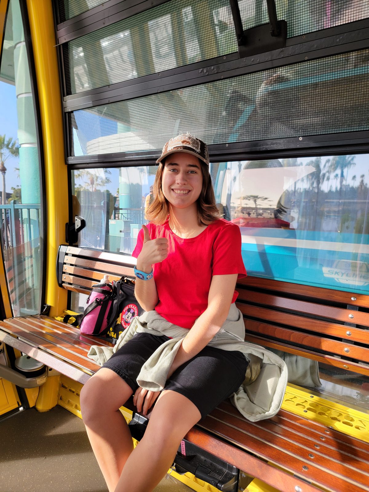 Lisa on the Skyliner to Caribbean Beach
