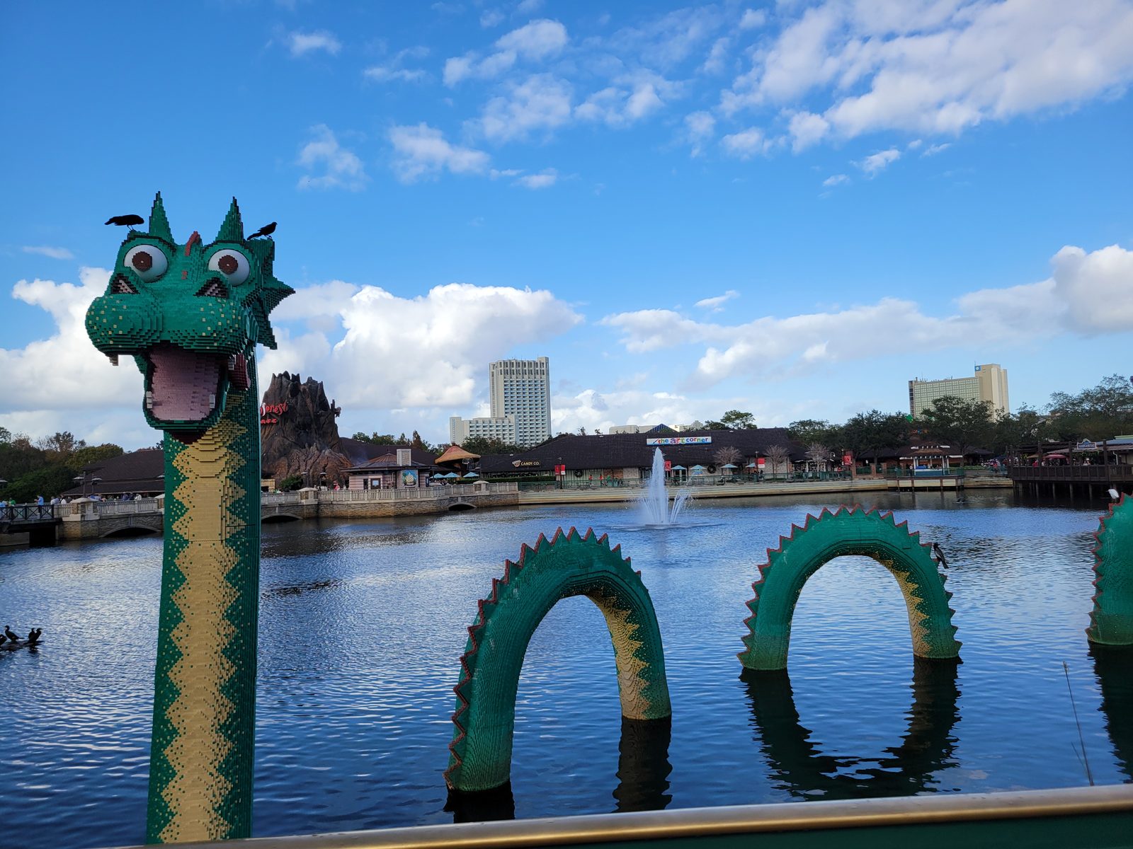 The Lego sea serpent in the lake at Disney Springs