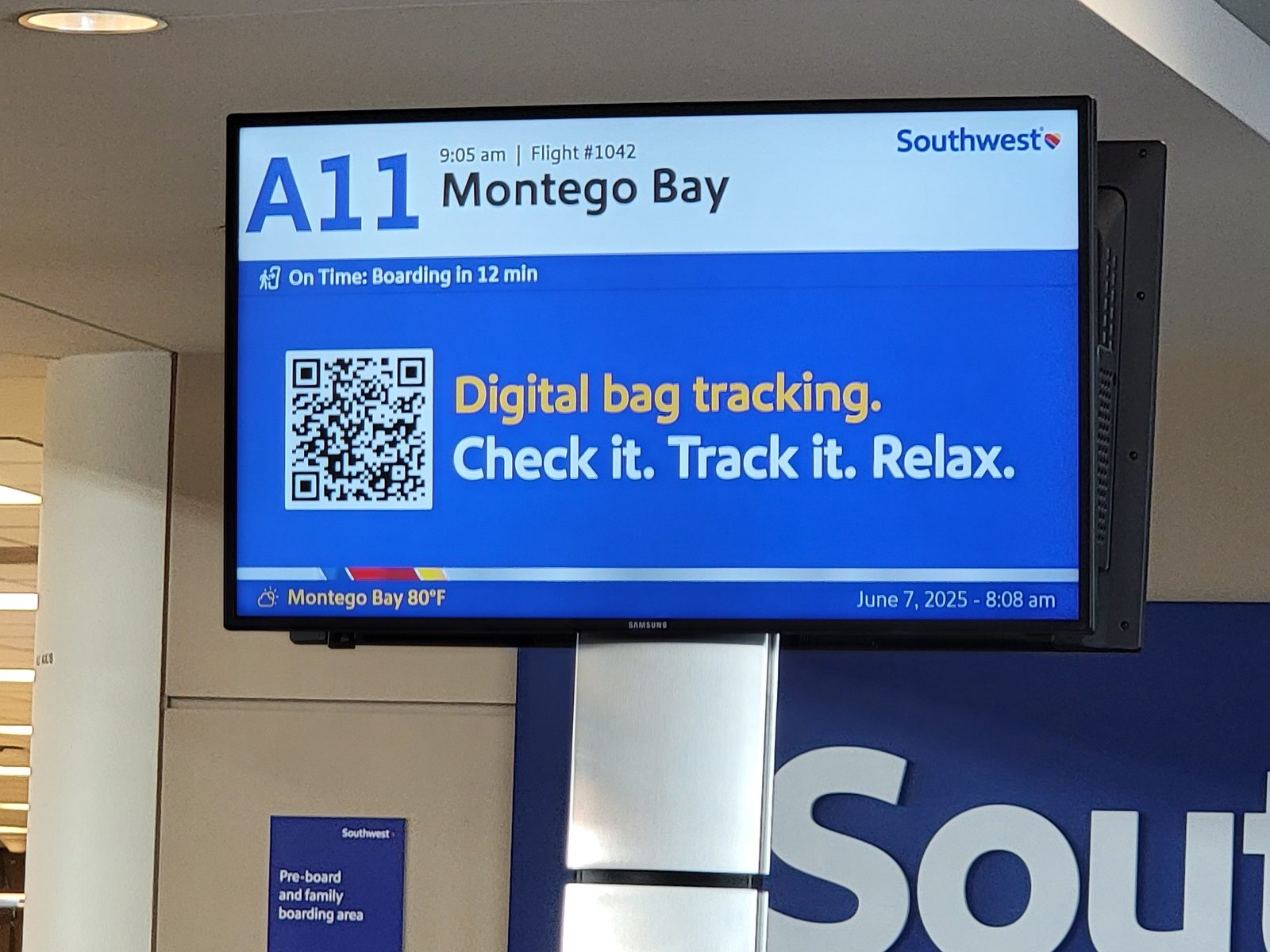 Boarding call for our flight to Montego Bay