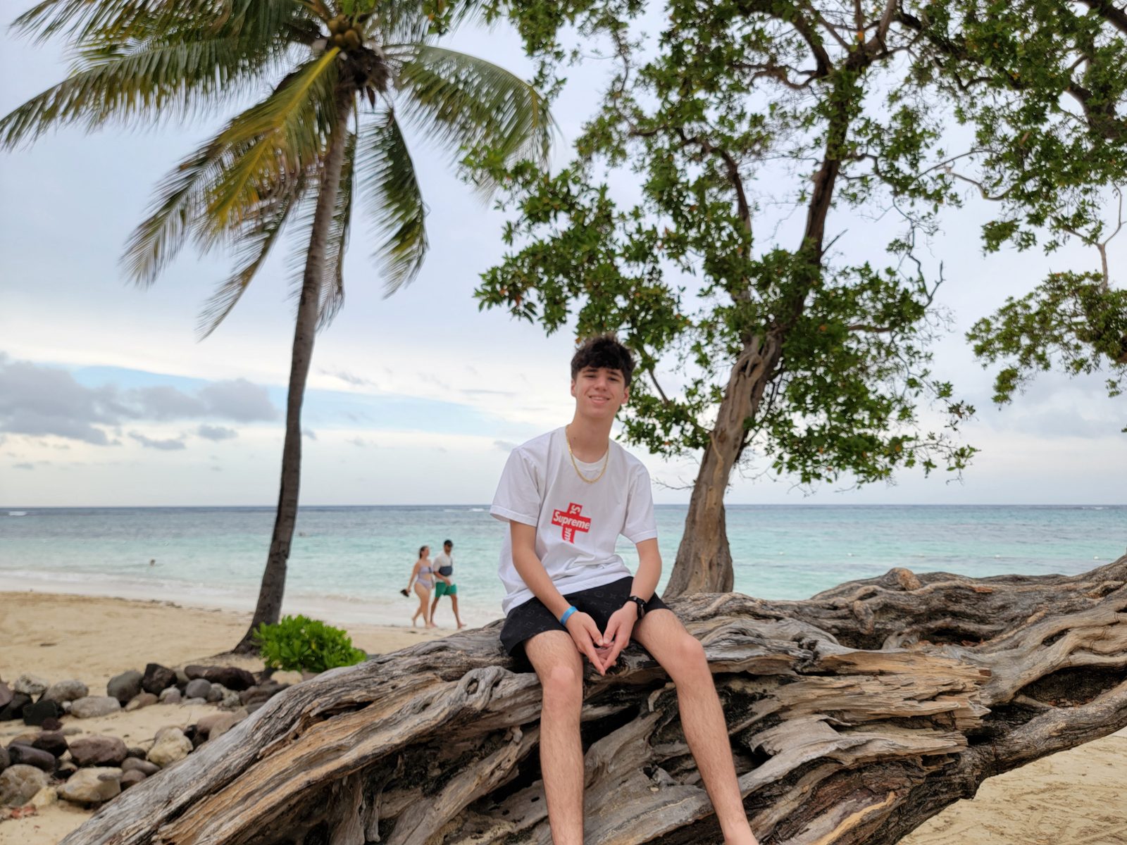 Thomas on the driftwood at Mammee Bay