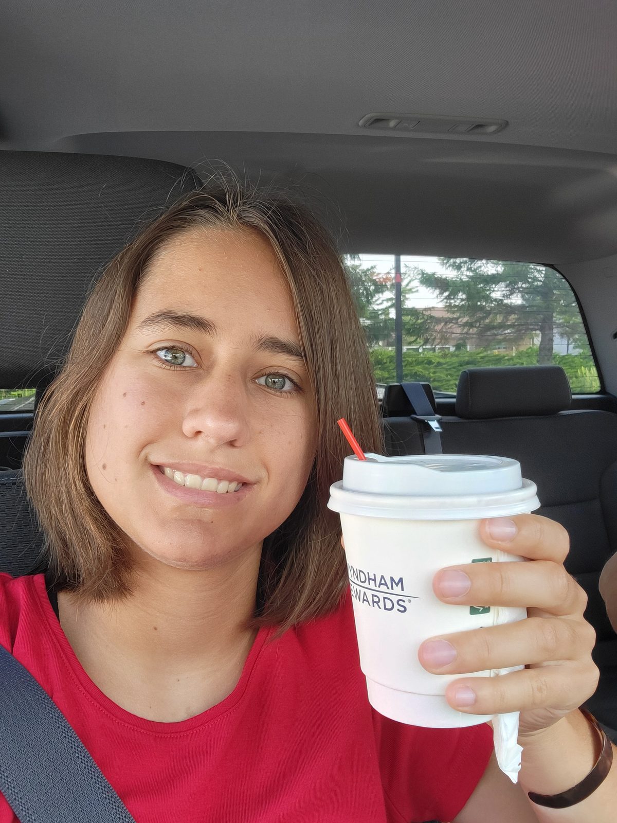 Lisa with coffee before the drive