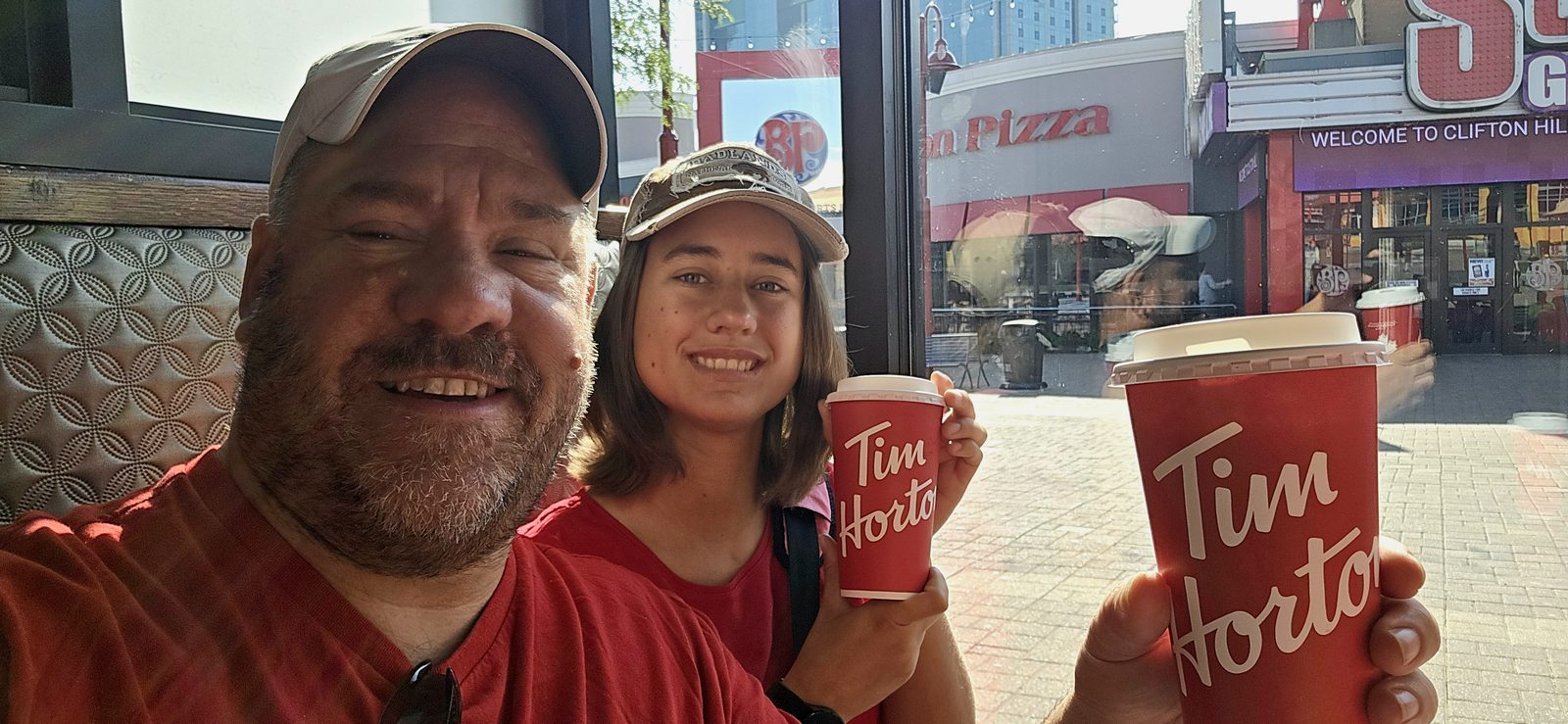 Lisa and me with our Tim Hortons on Clifton Hill