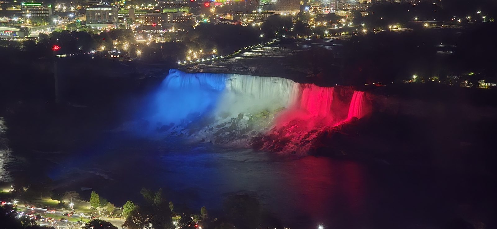 Horseshoe Falls lit up at night from our room