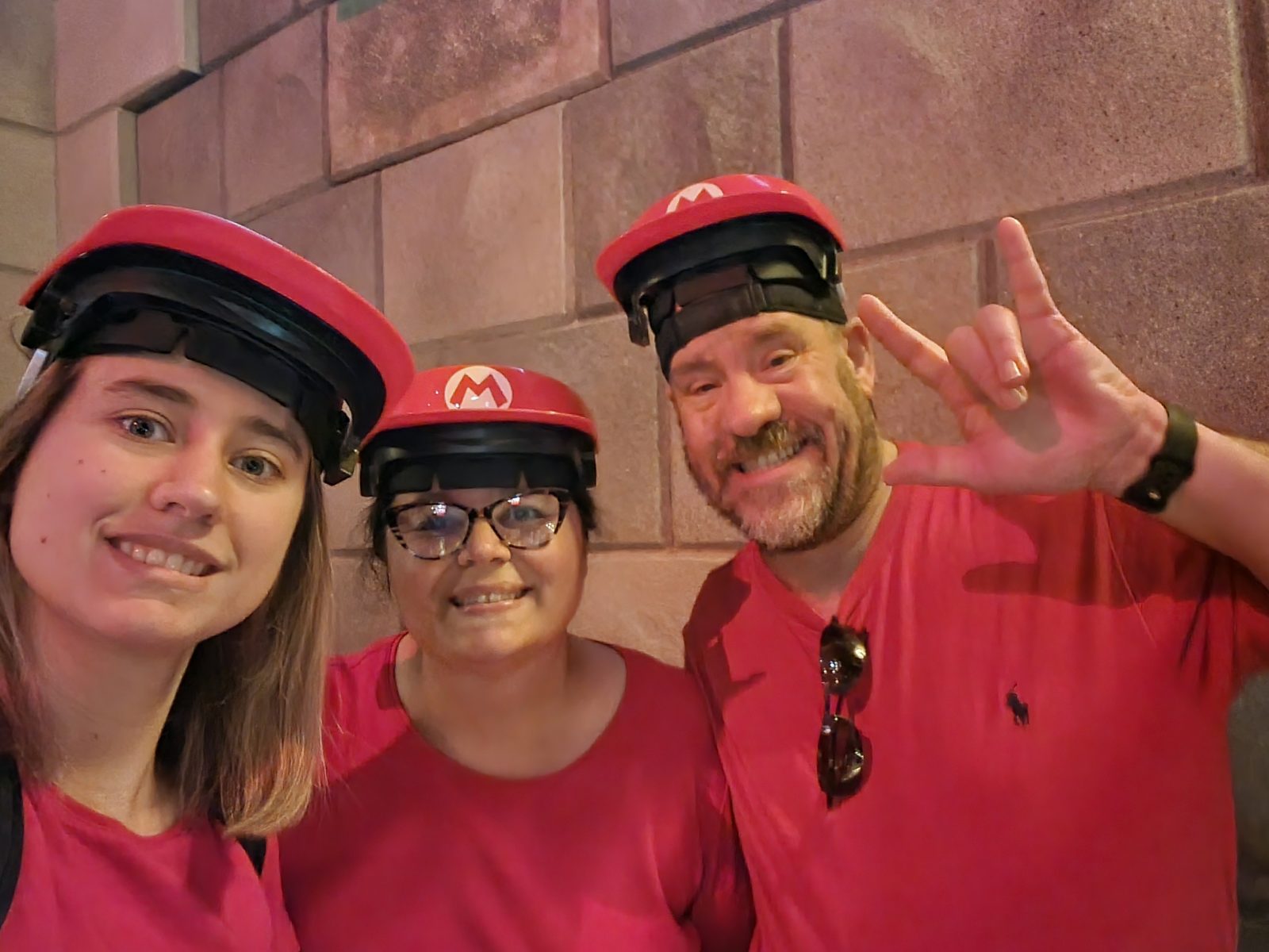 Michael, Kathy and Lisa in Mario caps