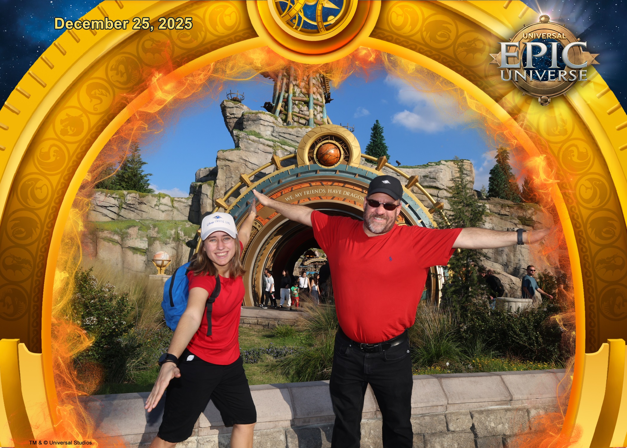 Lisa and Michael striking a pose at the Epic Universe portal on Christmas Day