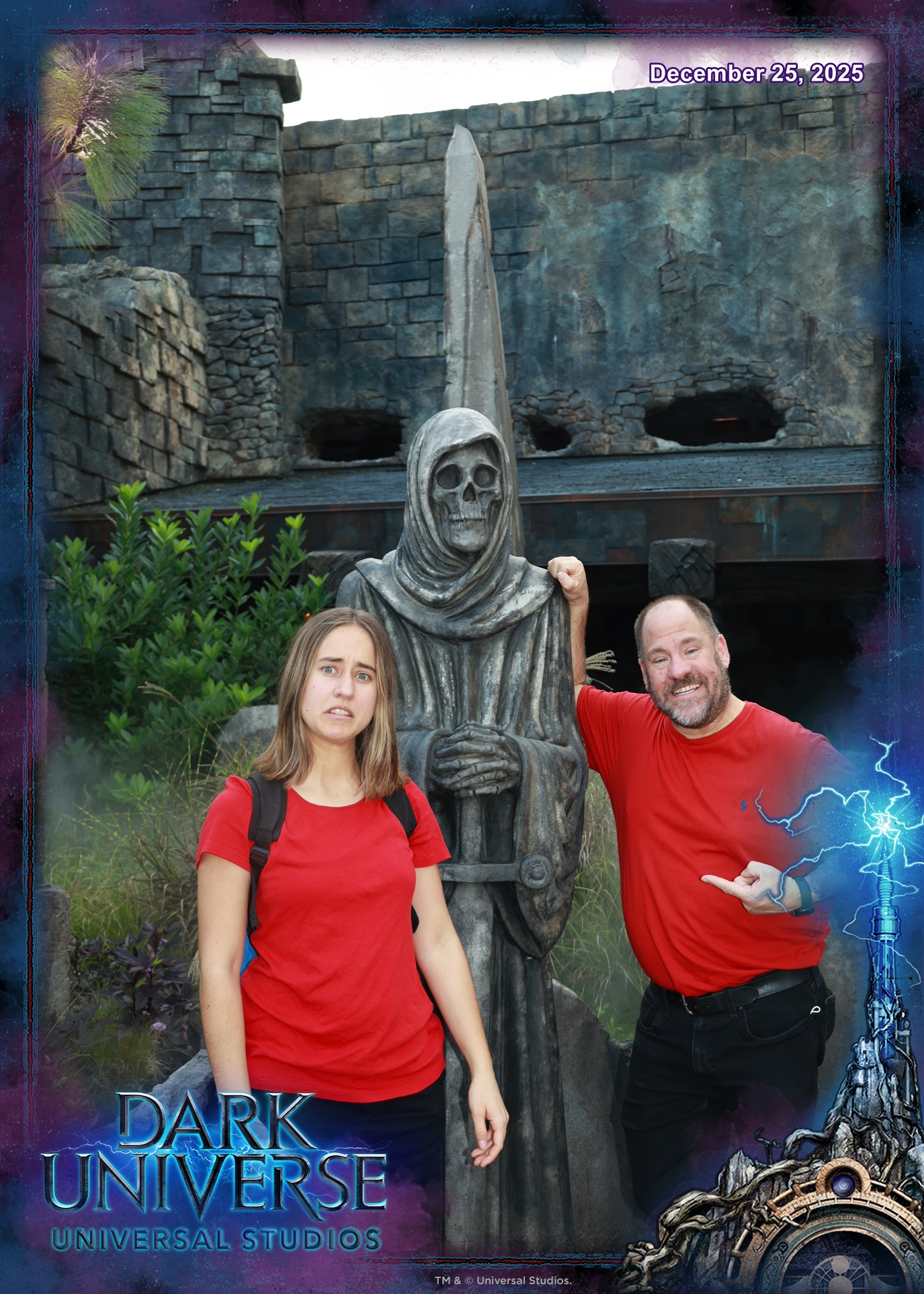 Lisa and Michael with the hooded stone figure in Dark Universe