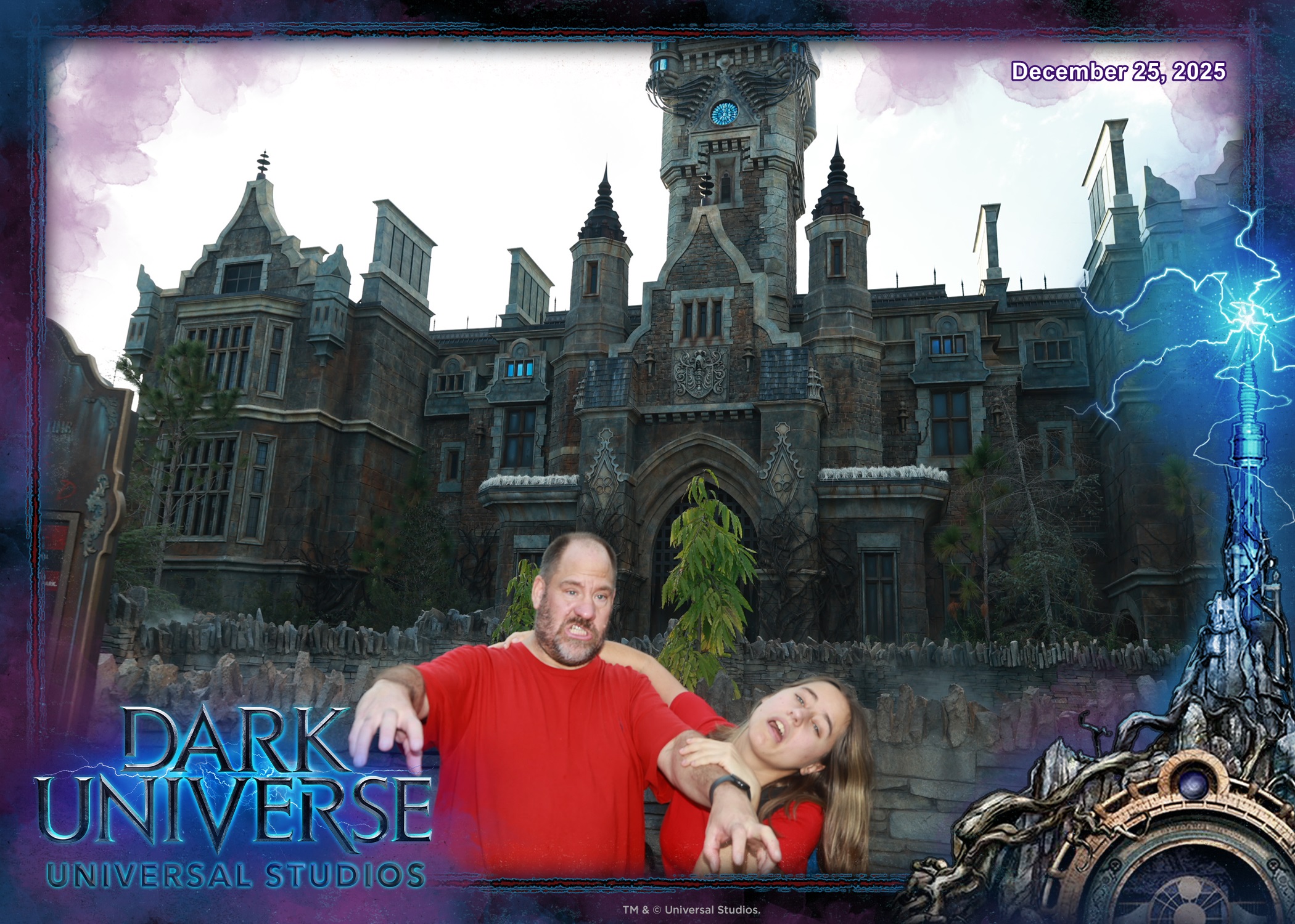 Lisa and Michael playing dead outside Frankenstein Manor