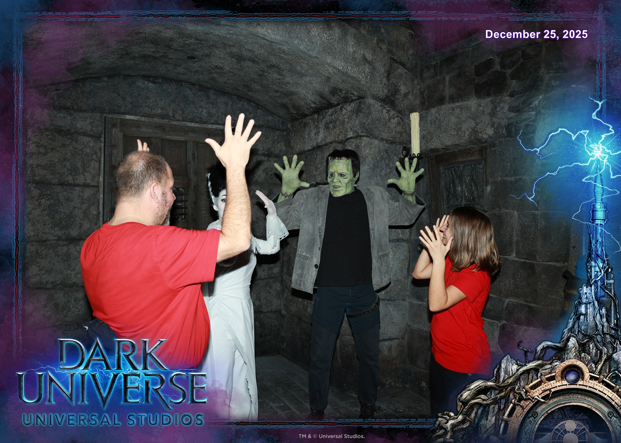 Michael, the Bride of Frankenstein, Frankenstein's Monster and Lisa in Dark Universe at Epic Universe