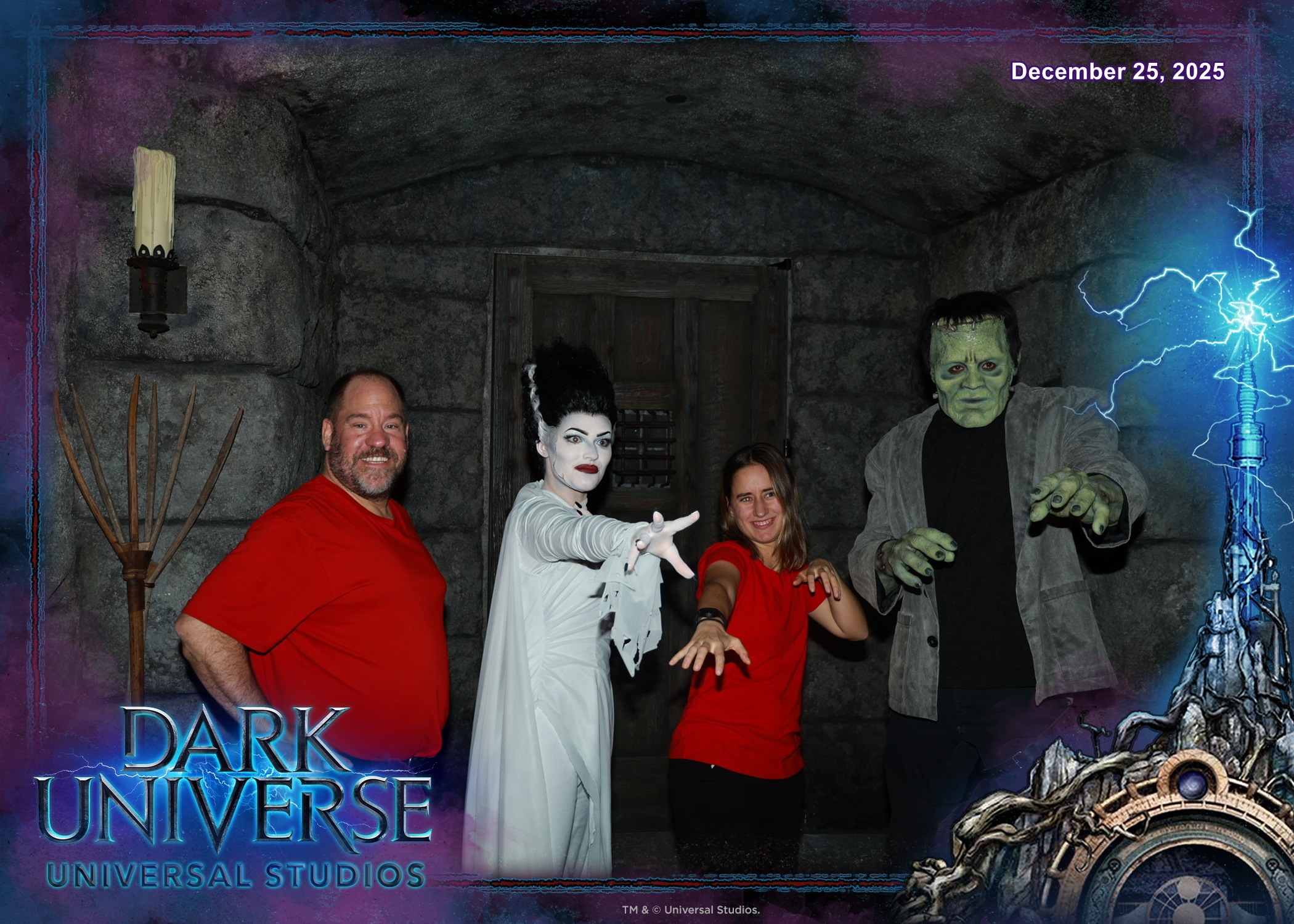 Michael, the Bride of Frankenstein, Lisa and Frankenstein's Monster in Dark Universe at Epic Universe