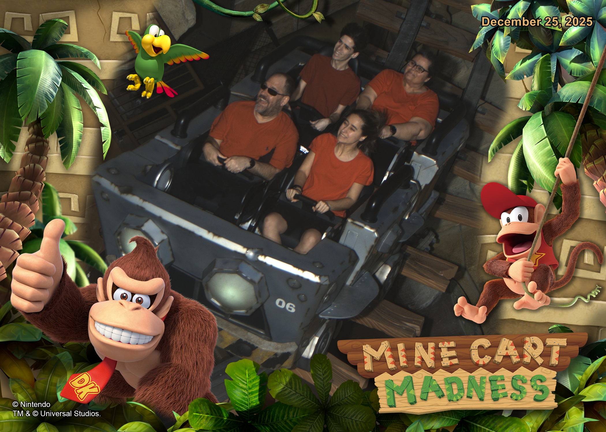 The four of us on Mine-Cart Madness in Donkey Kong Country
