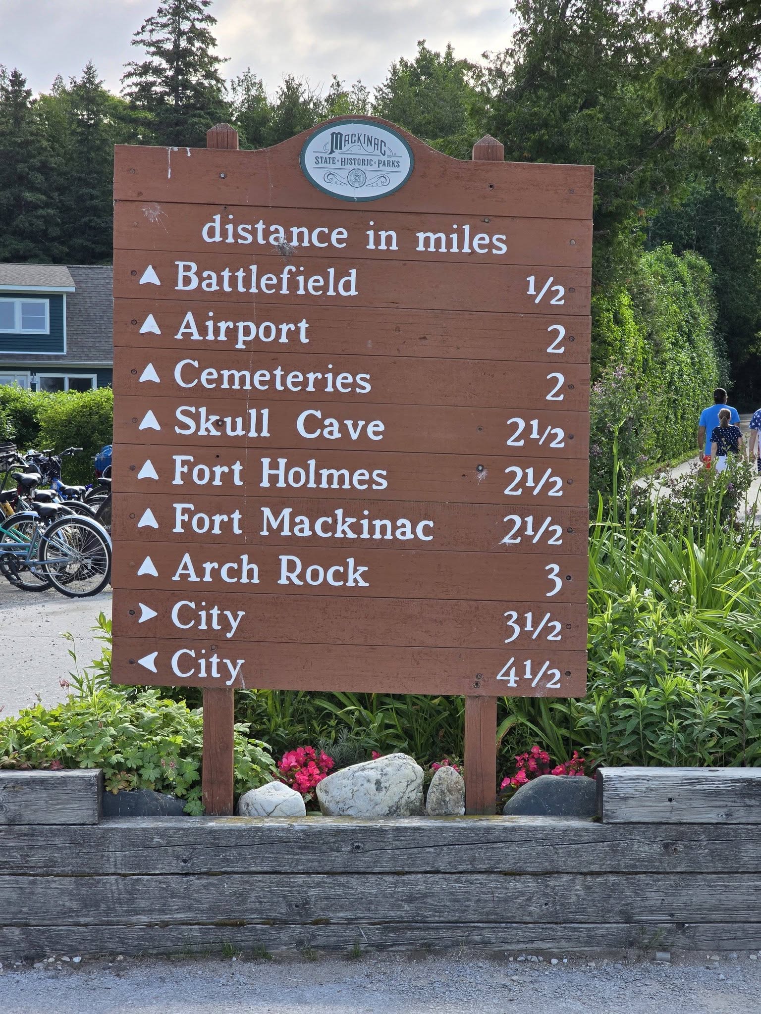 The distance sign on the road around the island