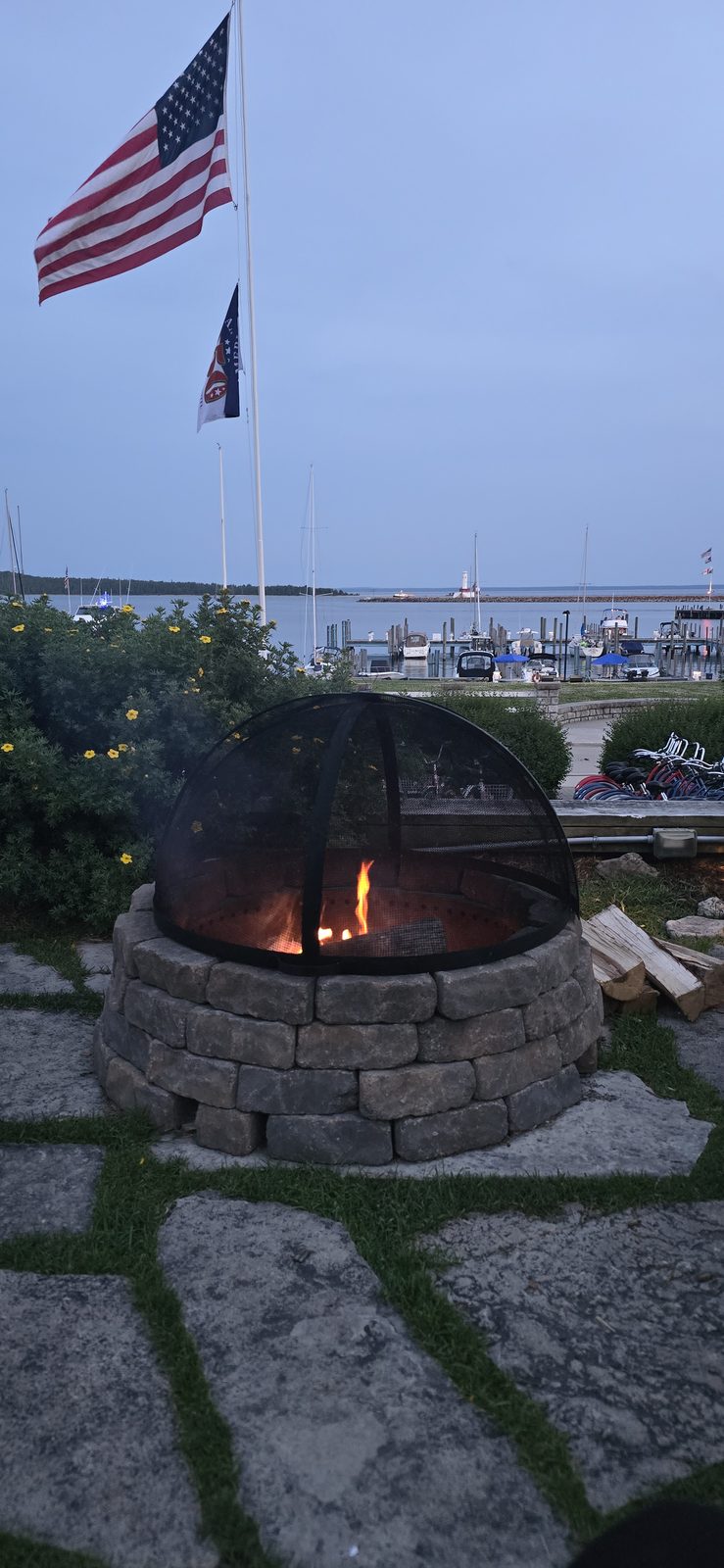 Our fire pit glowing as the night came in