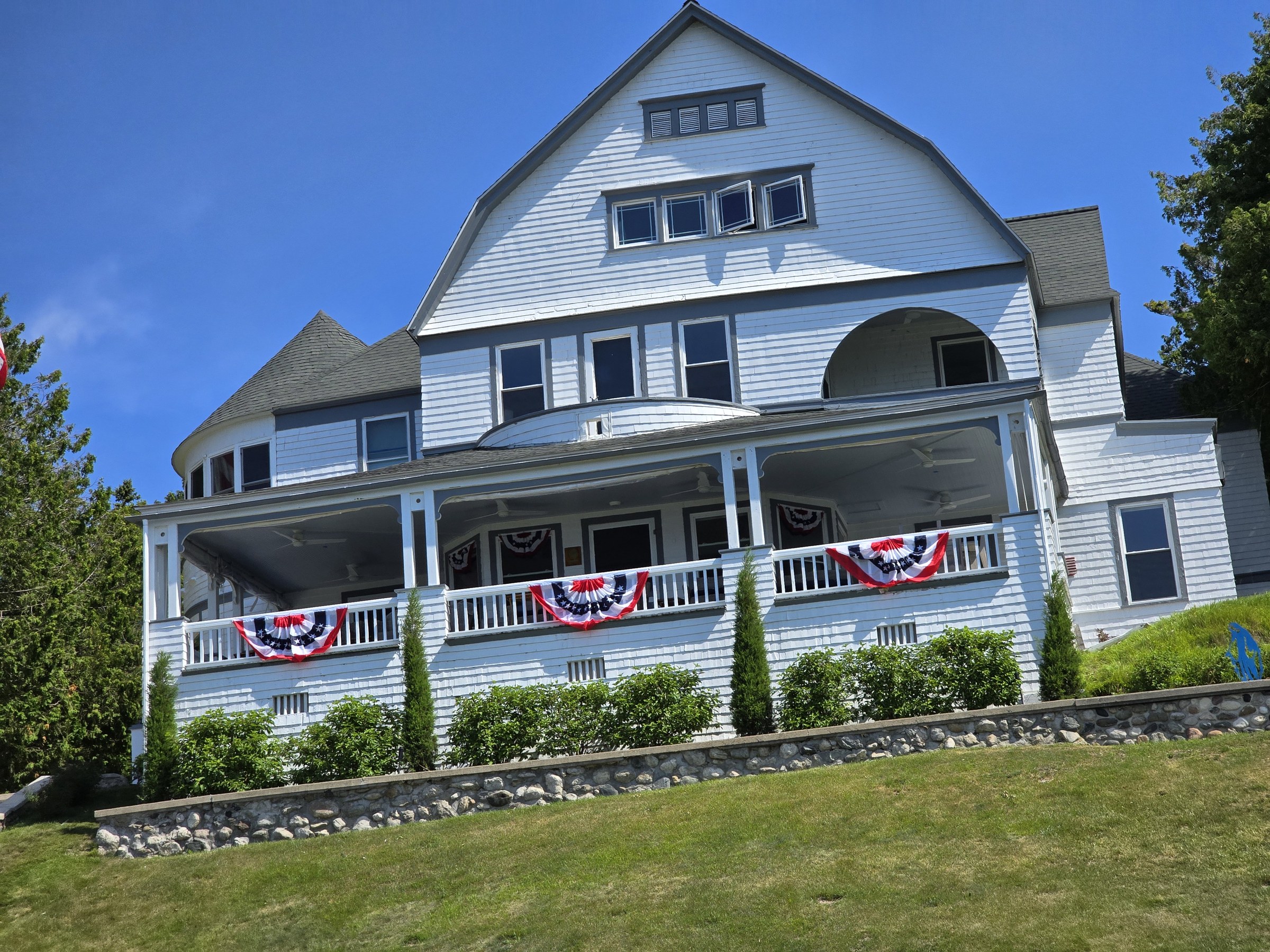 A cottage dressed for the Fourth of July