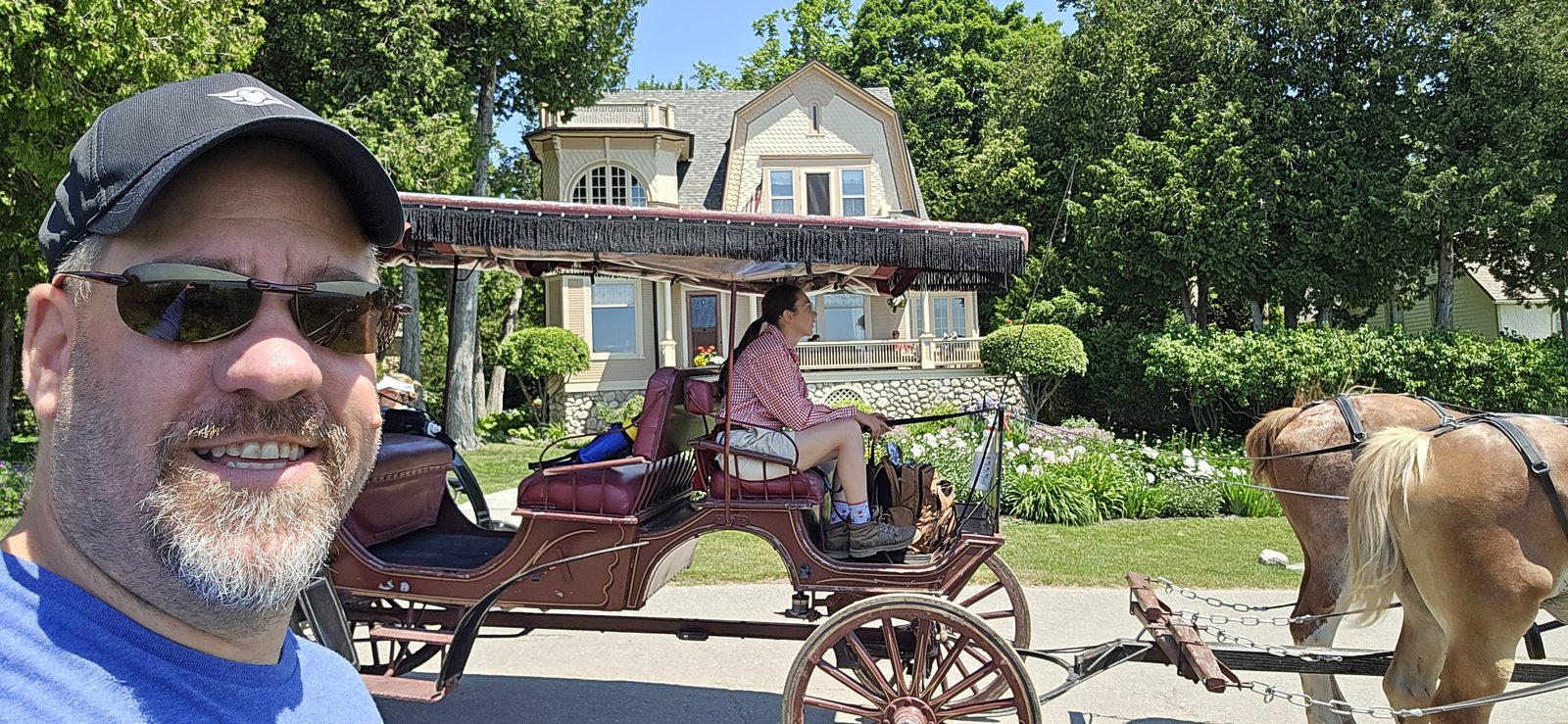 A carriage passing one of the cottages
