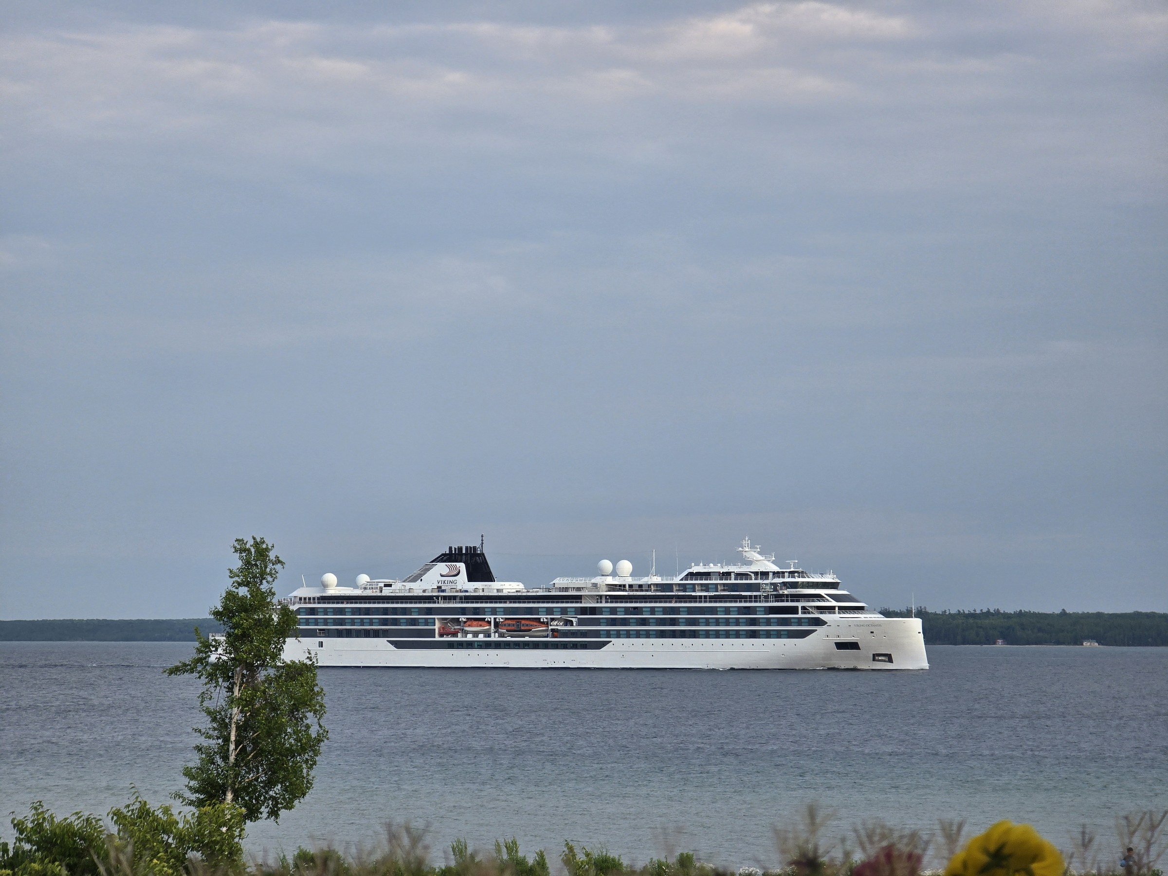 A Viking cruise ship off the island