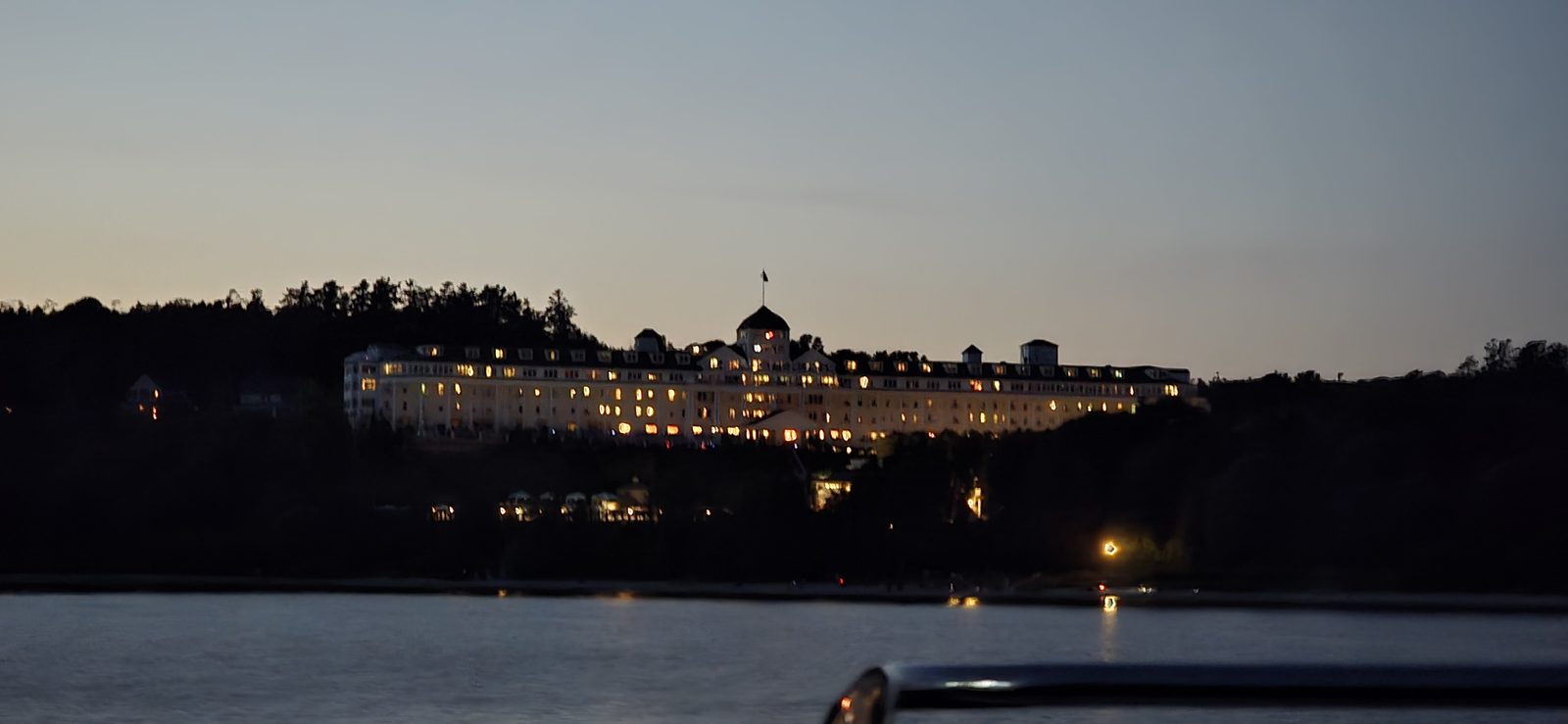 The Grand Hotel lit up as we rode past
