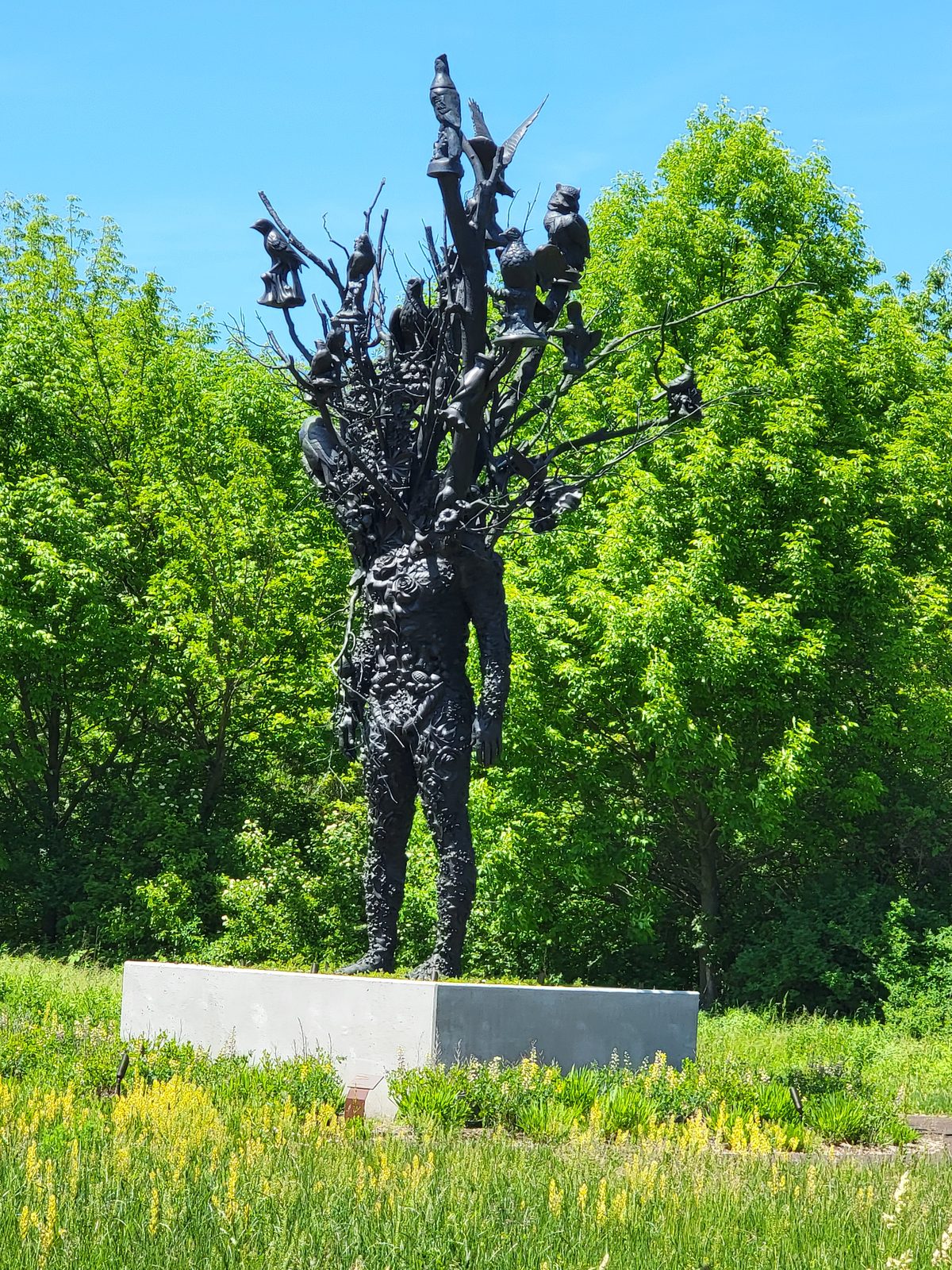 A striking bird sculpture among the trees