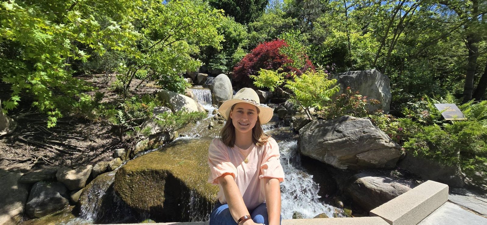 Lisa at the Japanese garden waterfall