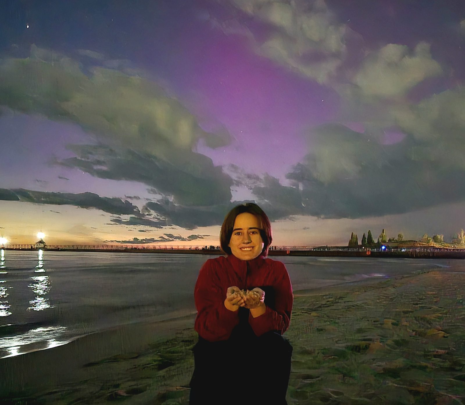 Lisa on the sand with the northern lights behind her