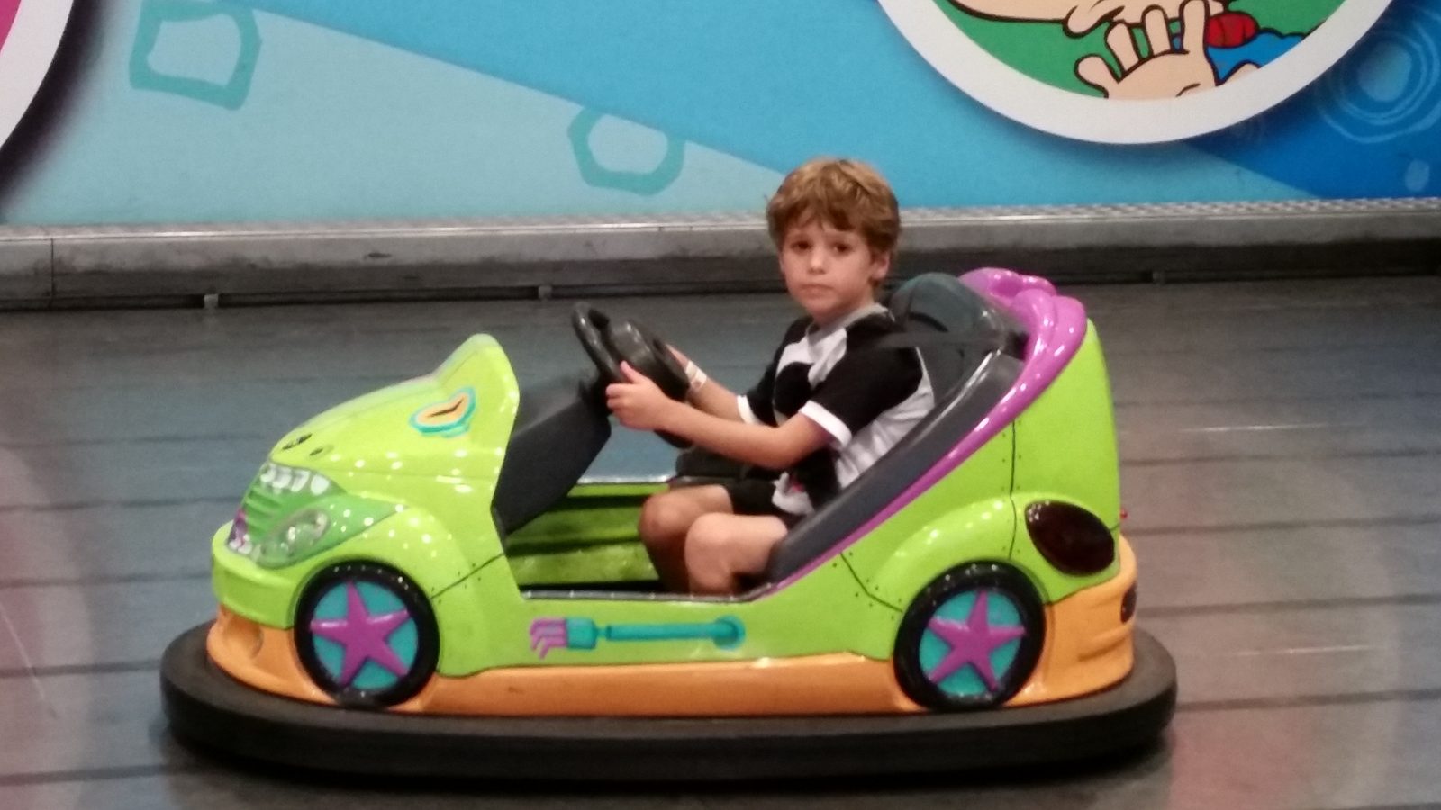 Thomas riding the Reptarmobile at Nickelodeon Universe
