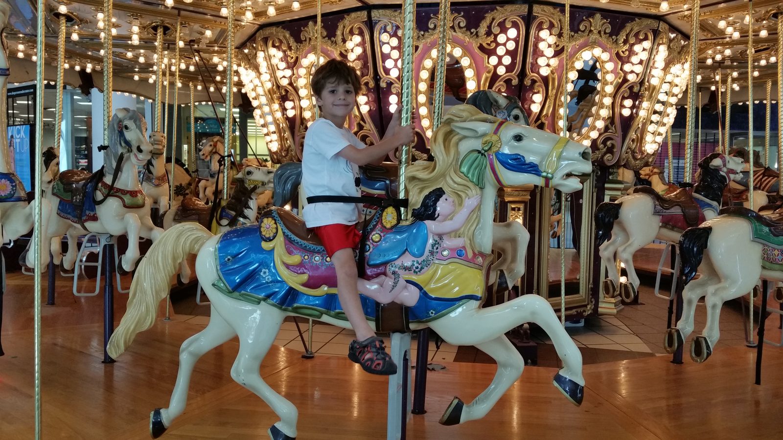 Thomas rides the carousel horse