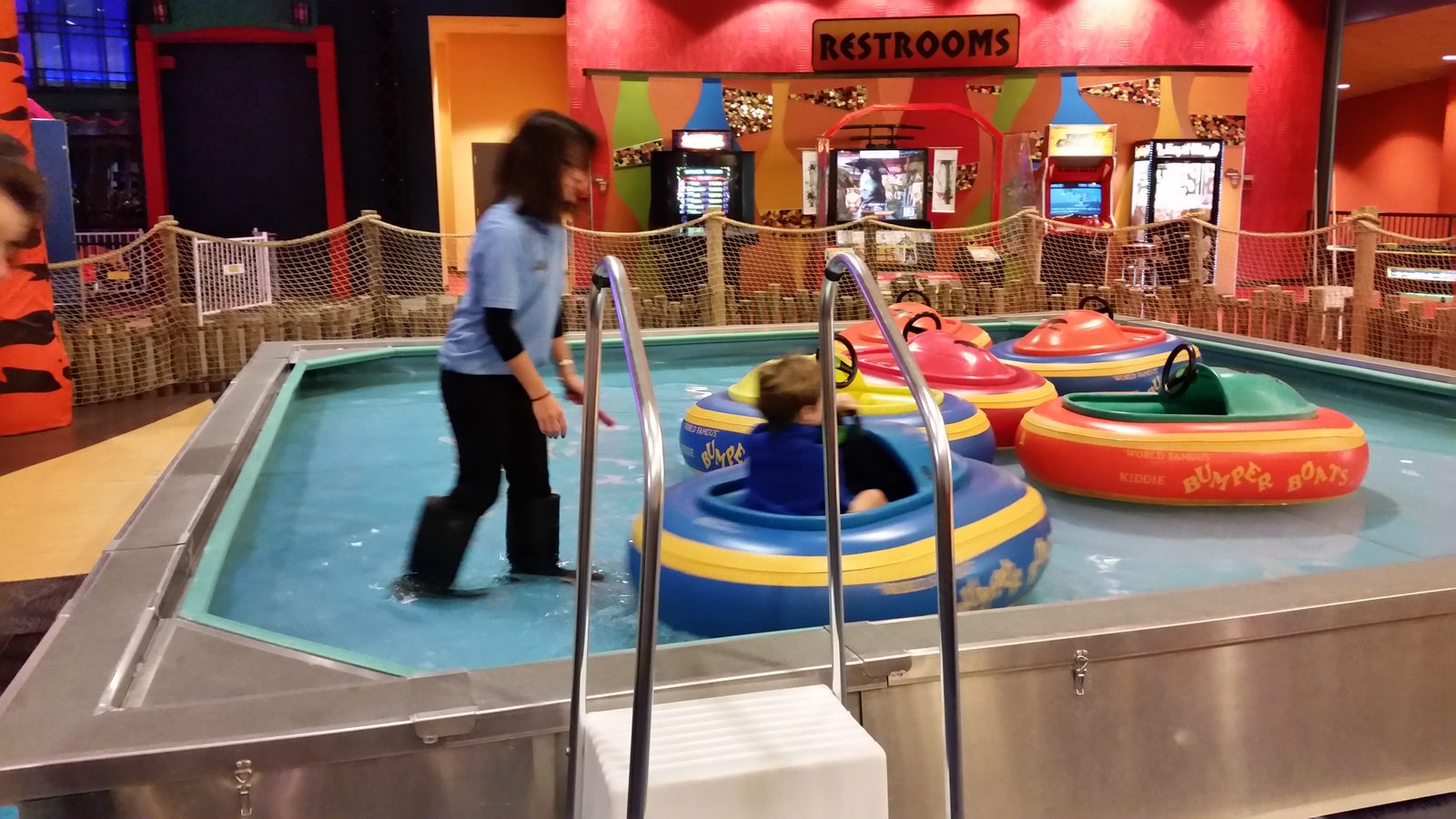 Bumper boats fill the arcade pool