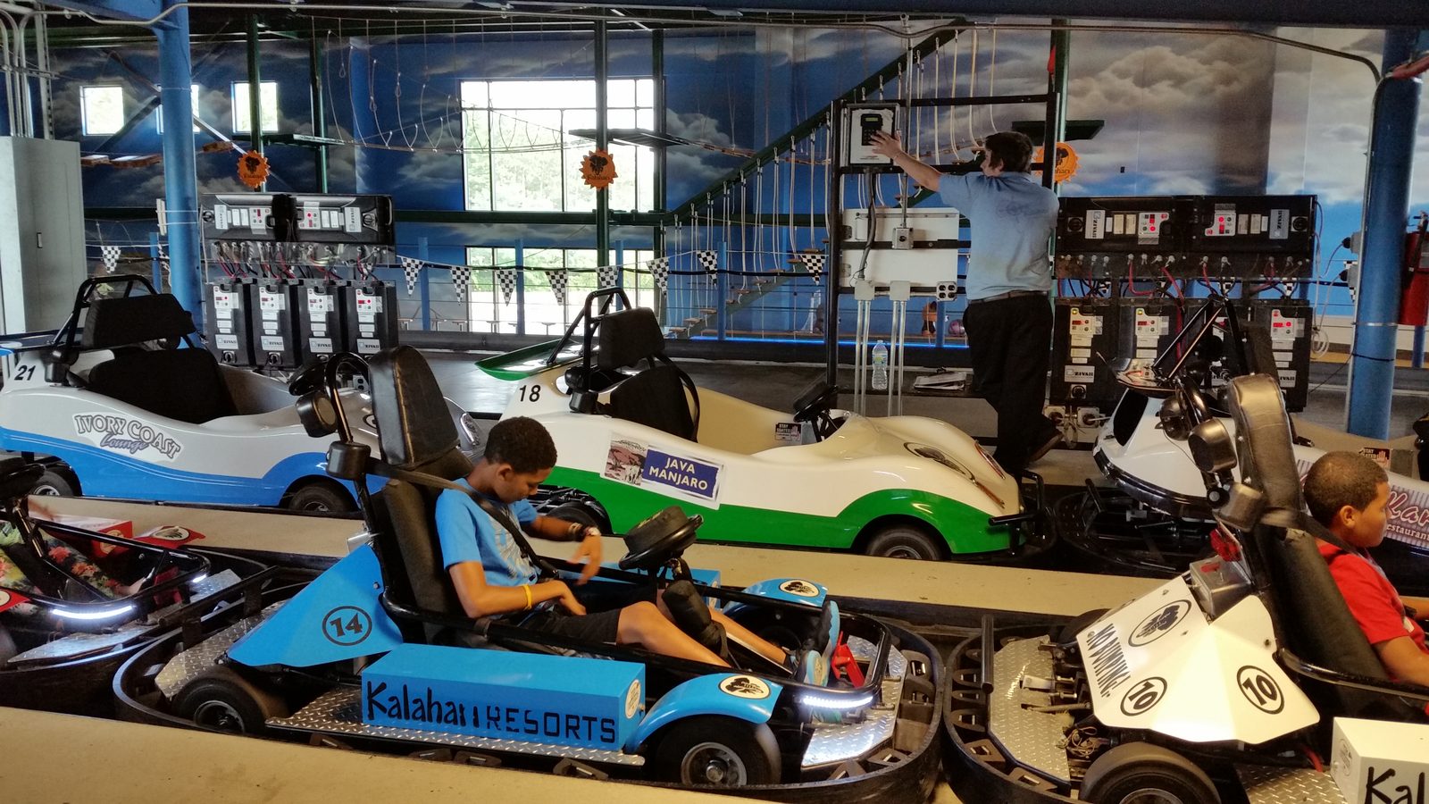 Thomas drives the indoor go-kart track