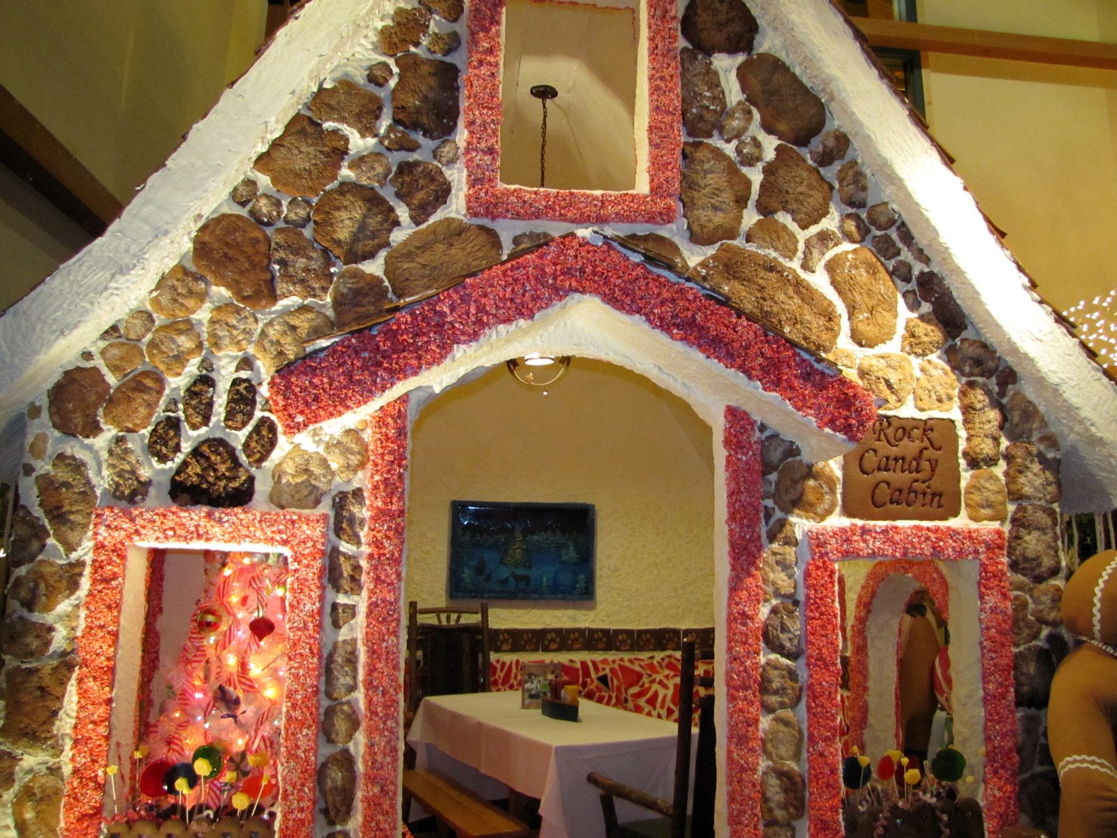 The gingerbread Rock Candy Cabin in the lobby