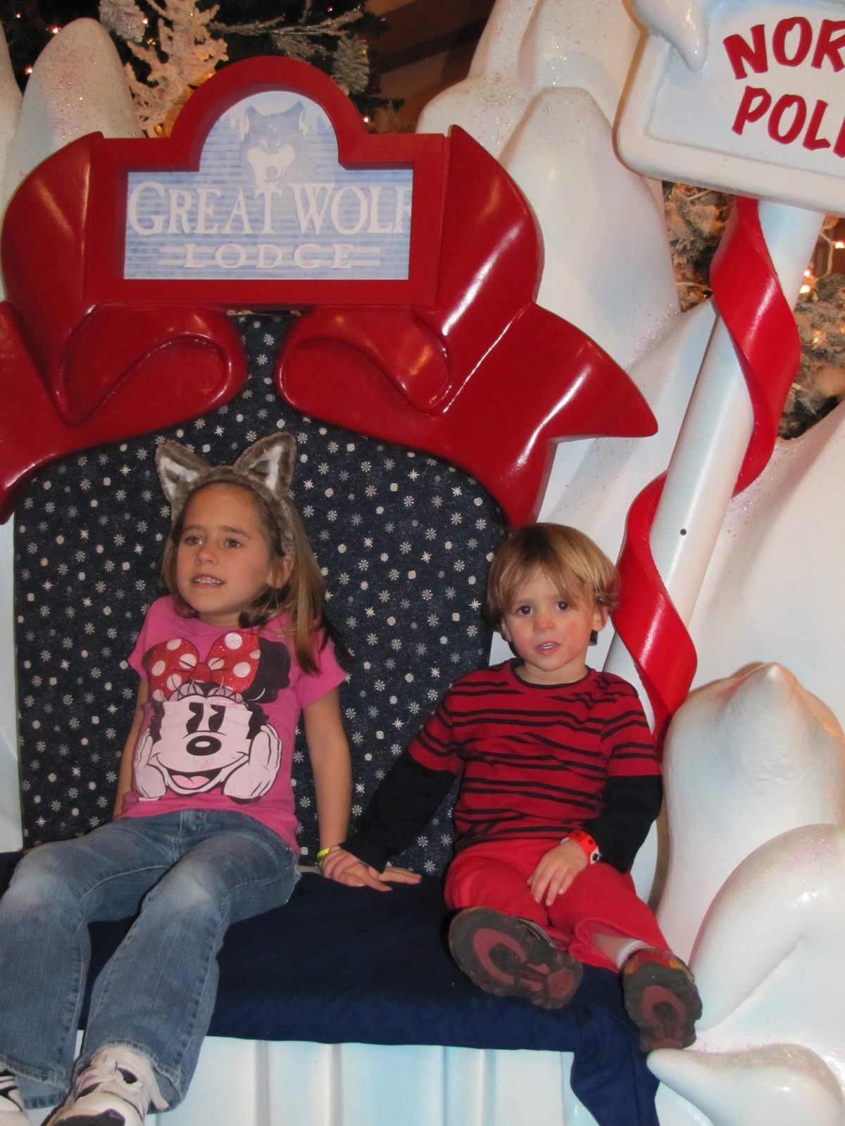Lisa and Thomas in Santa's chair at Great Wolf Lodge