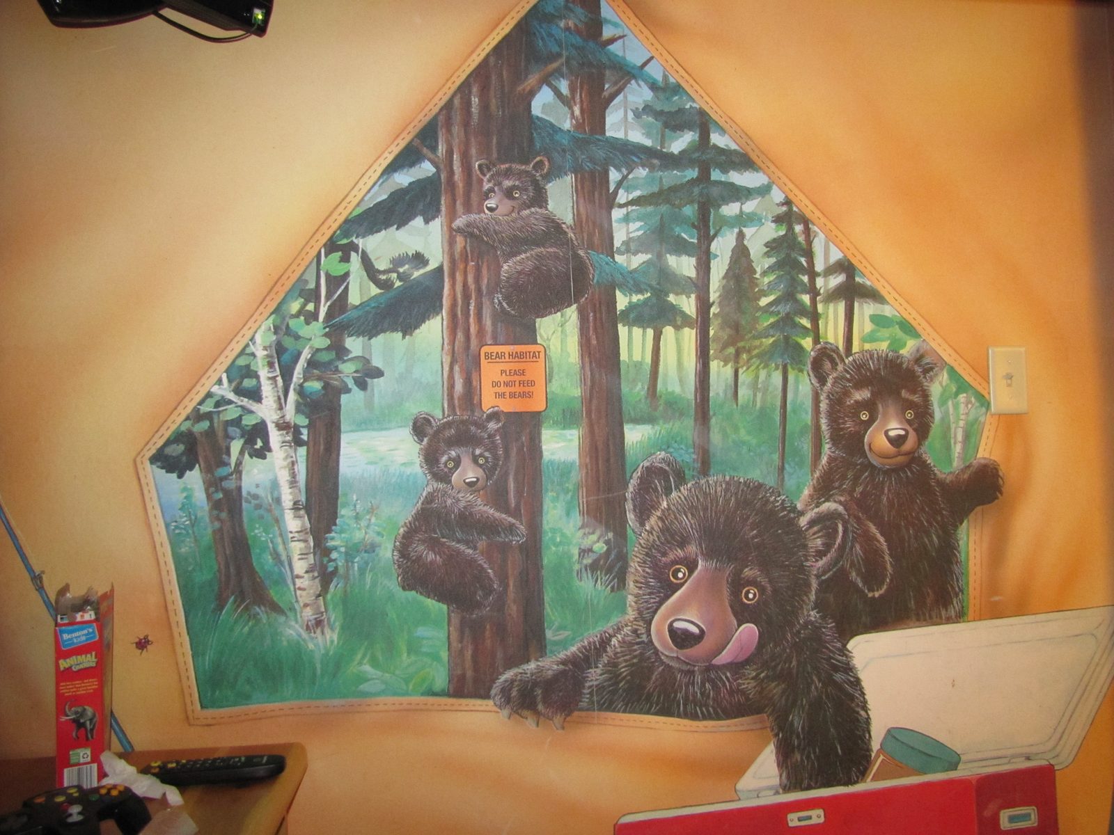 Bear cubs on the wall of the bunk room