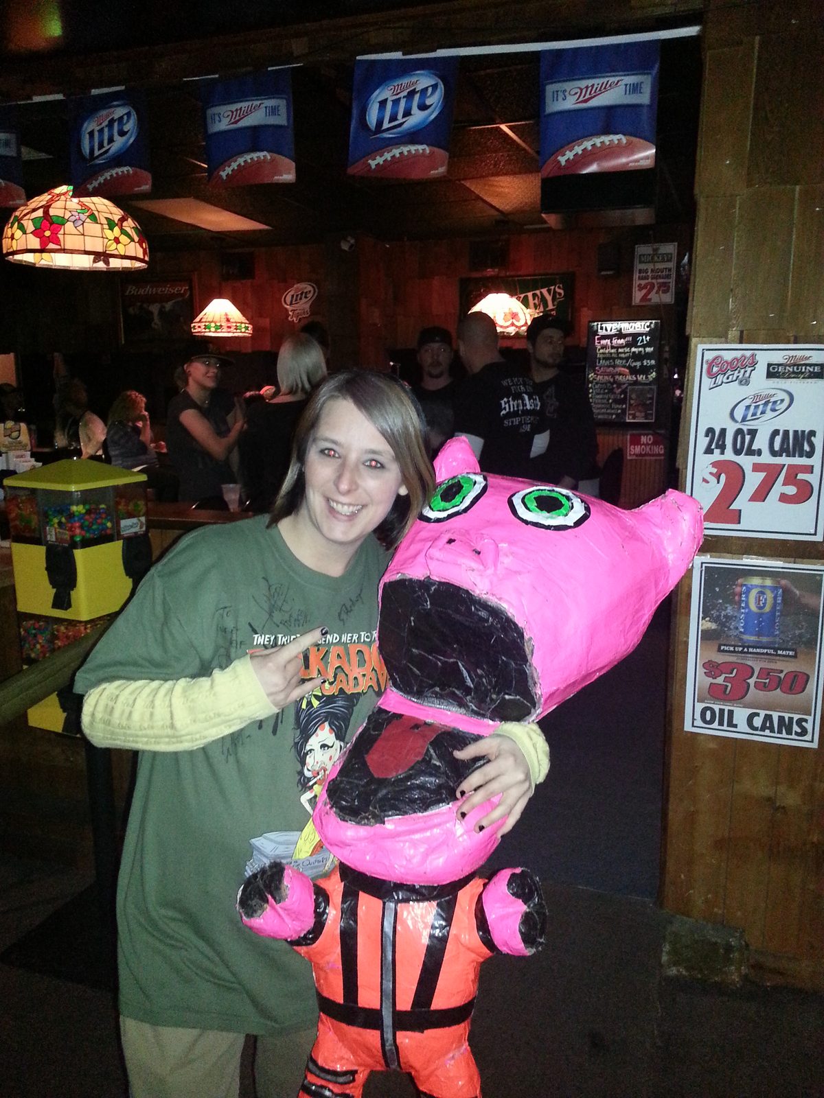 Jackie with the pink alien mascot