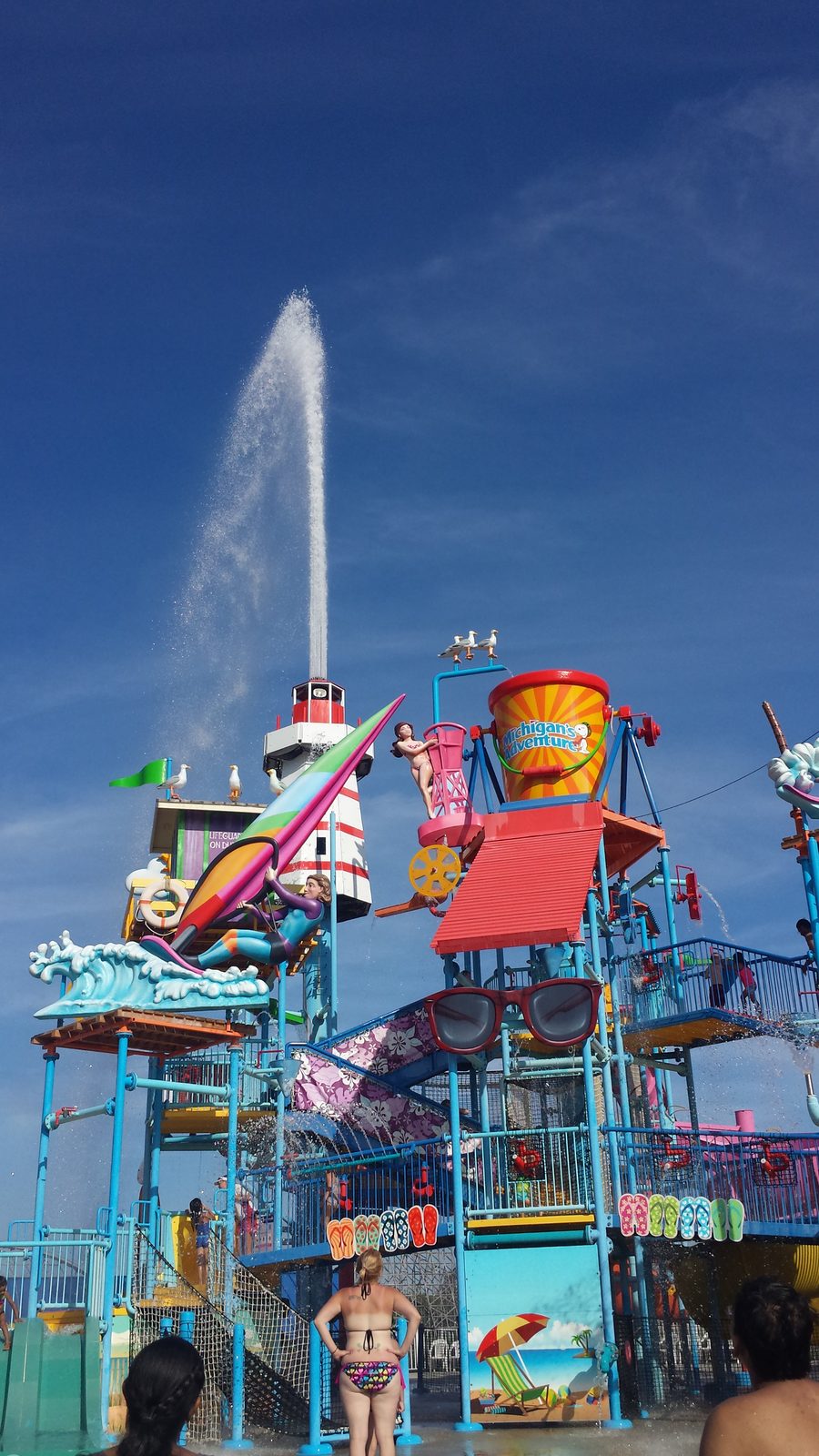 The water play area under a blue sky