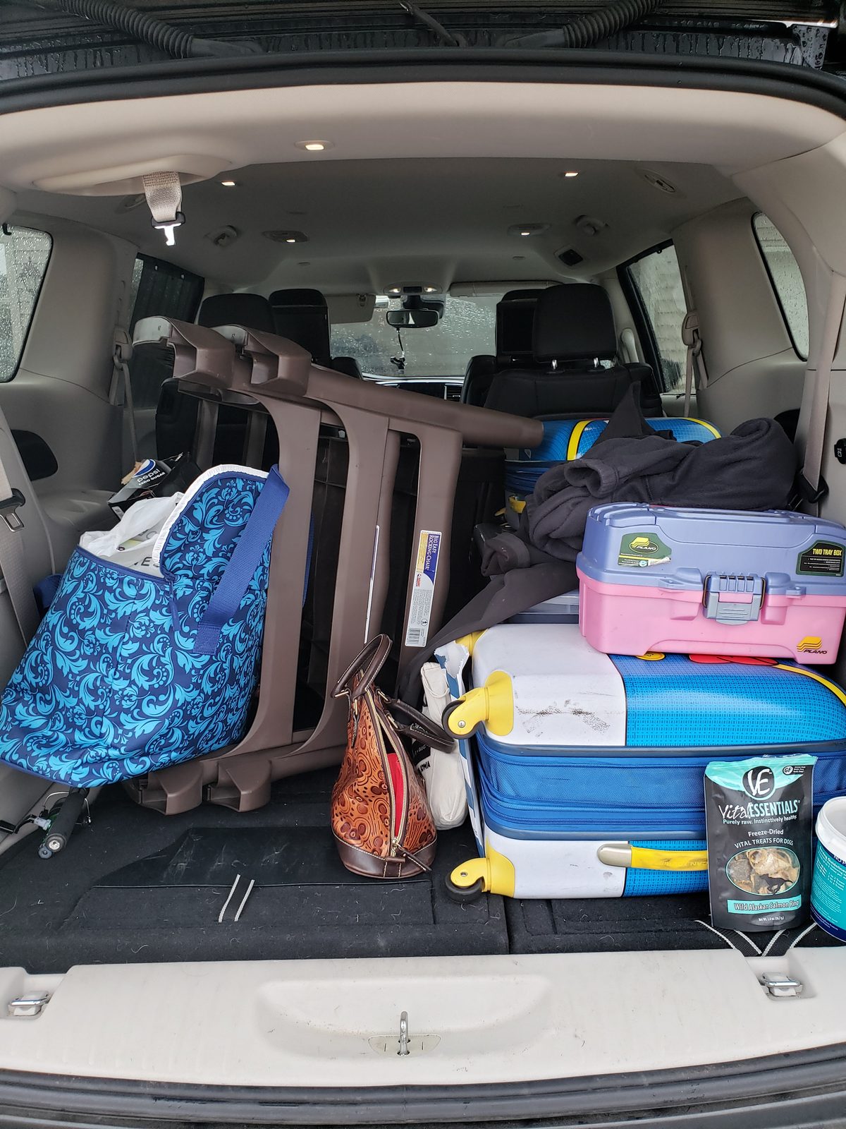The car packed tight with our bags and gear for the drive home