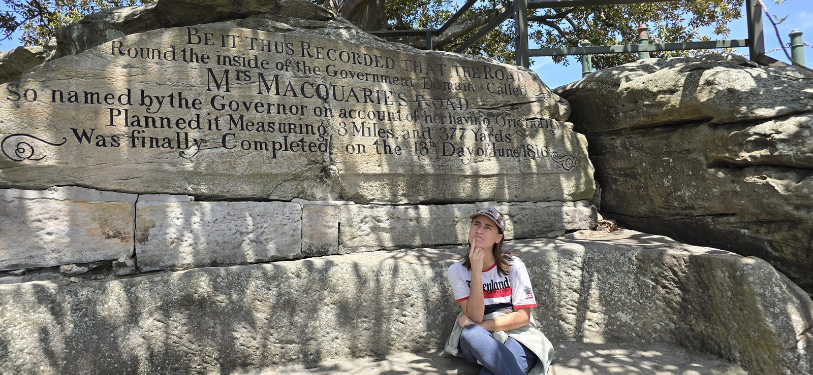 Lisa at the Mrs Macquarie's Chair inscription