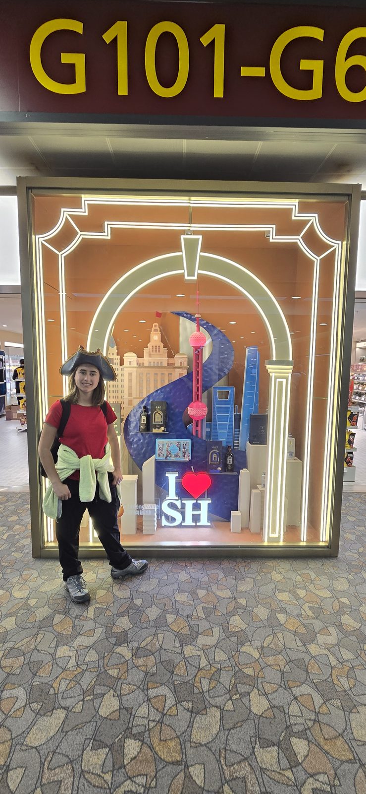 Lisa in her pirate costume at the Shanghai airport